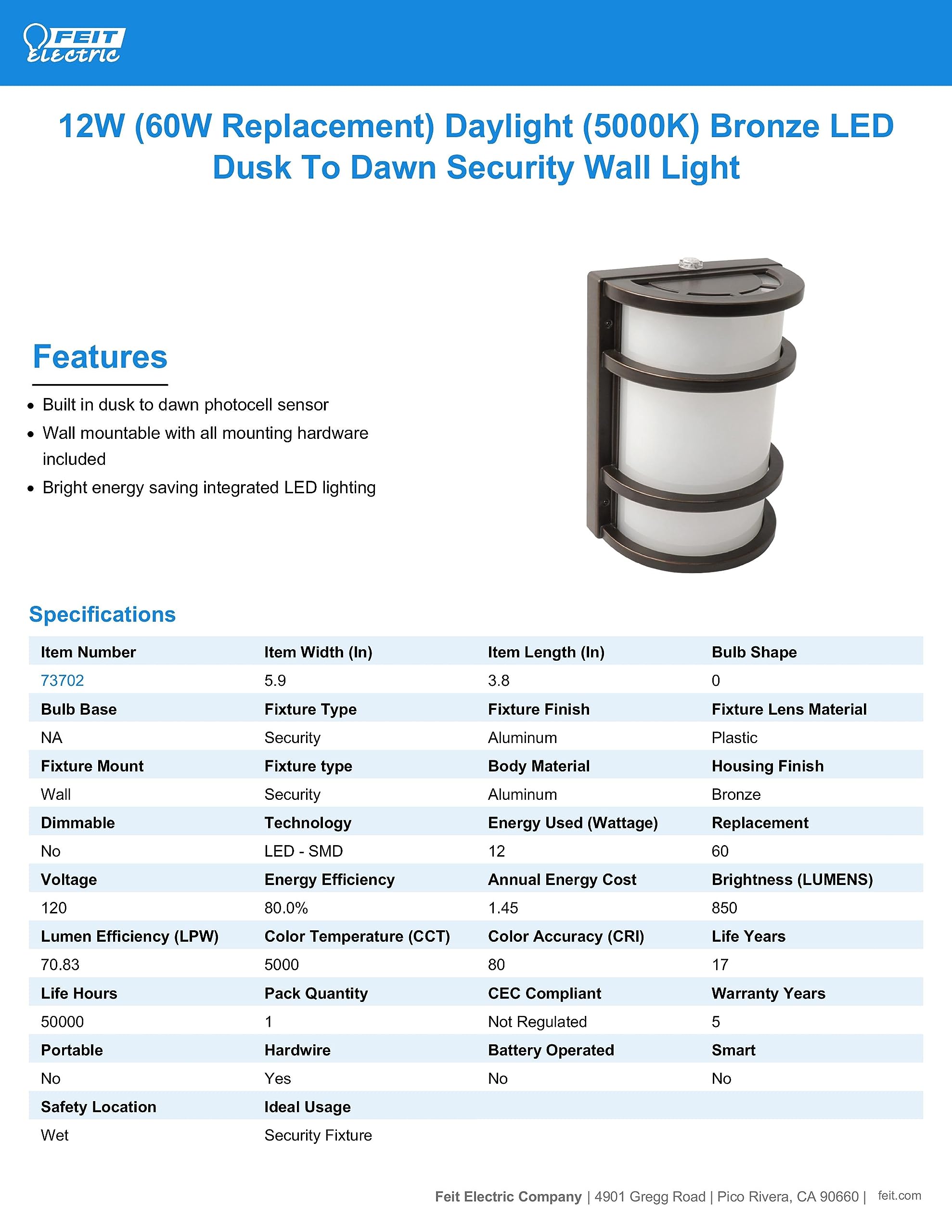 Feit Electric Dusk to Dawn LED Security Wall Light 5000K Model 73702 Half Moon Bronze Aluminum