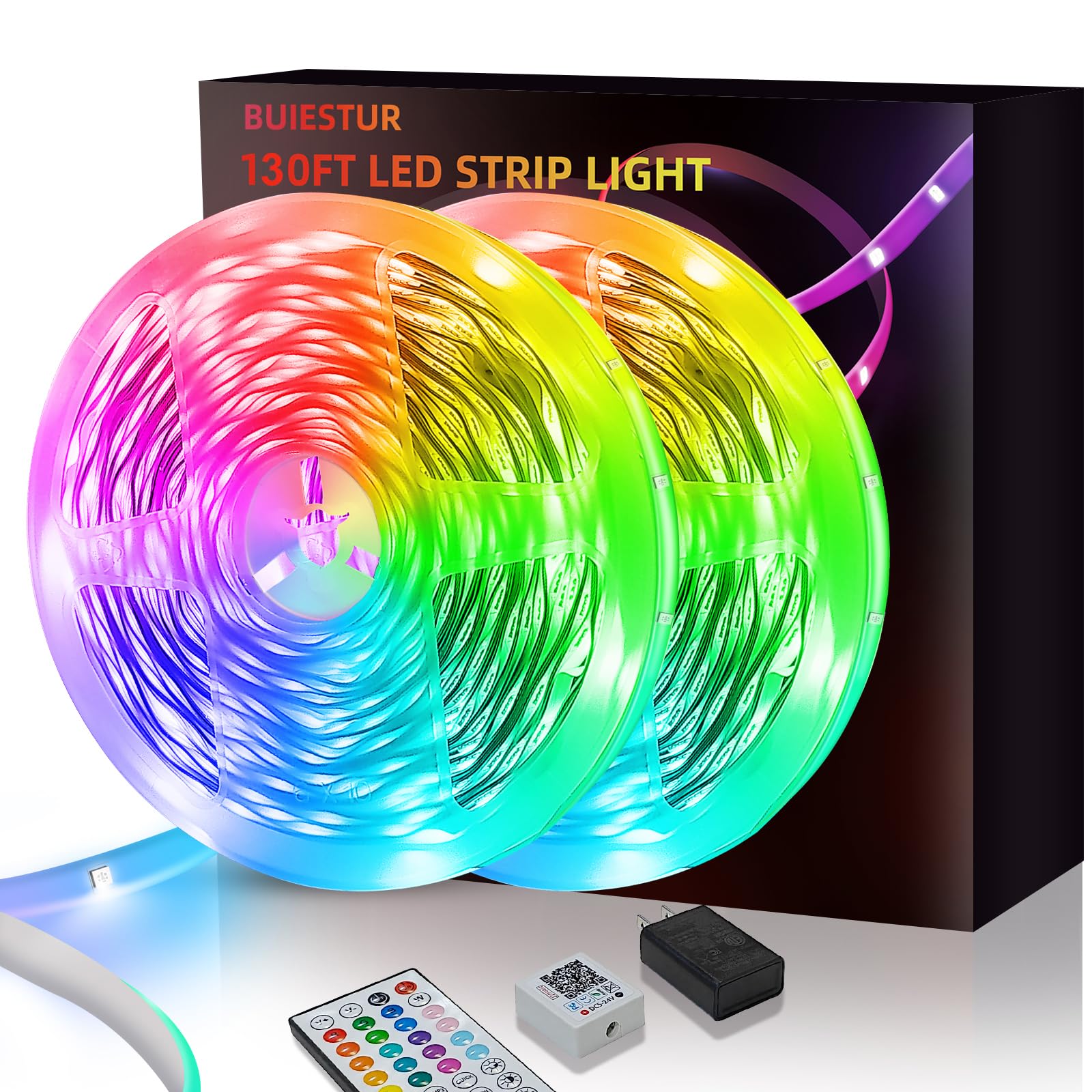 LED strip lights for bedrooms 130 FT (2 rolls 65.5 FT),Music synchronous color changing RGB LED light, Bluetooth light with remo