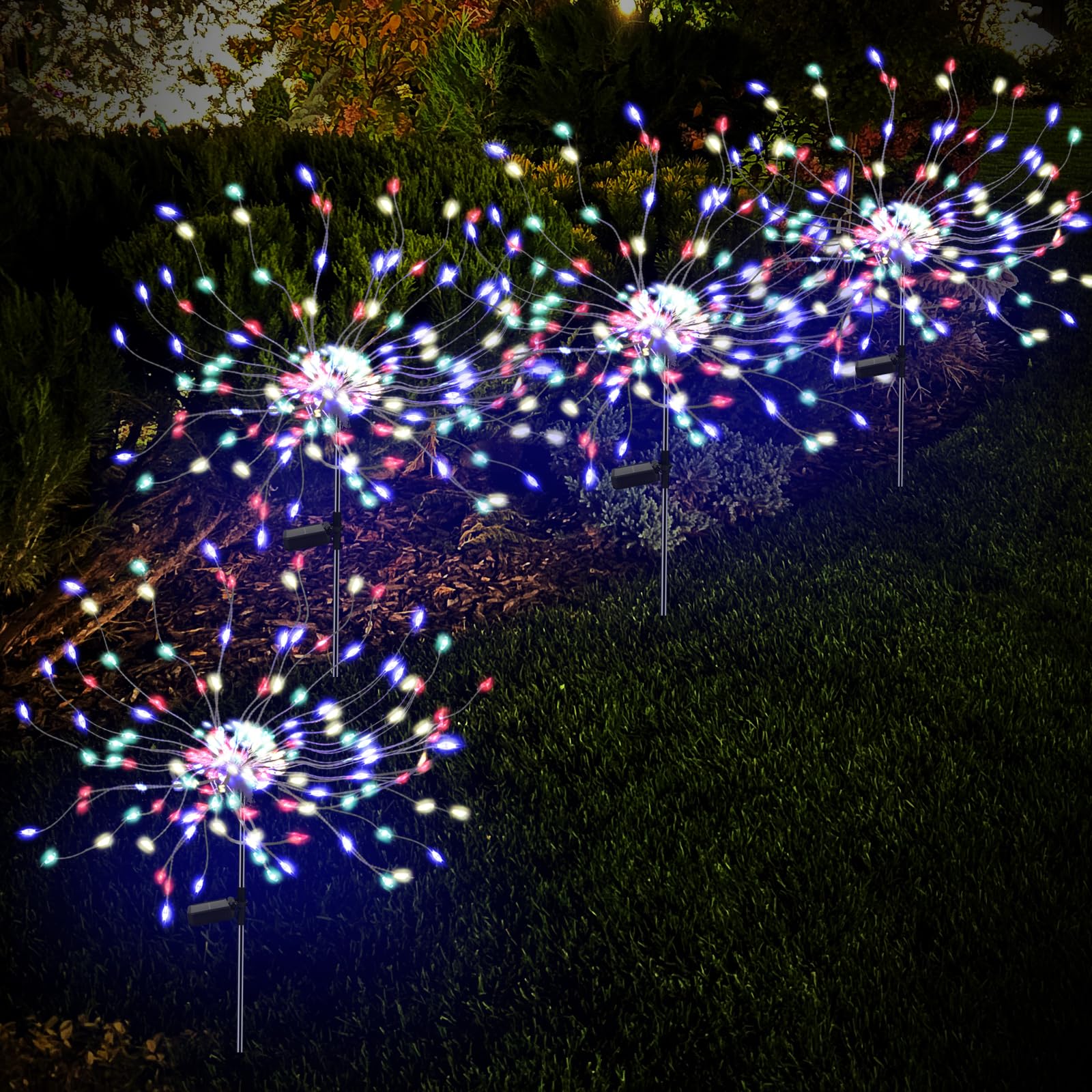 PXBNIUYA 4 Pack 175 LED Solar Garden Lights for Yard, Solar Firework Lights Outdoor Waterproof with 2 Modes Twinkling Lights, Sparkly Solar Starburst Lights for Wedding Walkway Decor (Colorful)