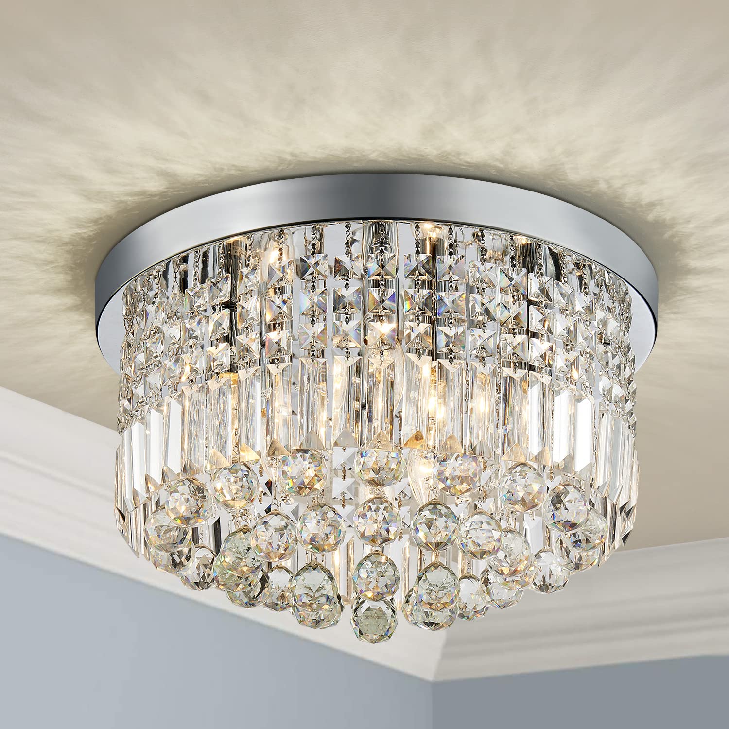 SM Saint Mossi Modern K9 Crystal Raindrop Chandelier Flush Mount LED Light, 11" Height x 20" Width, Requires 9 E12 LED Bulbs