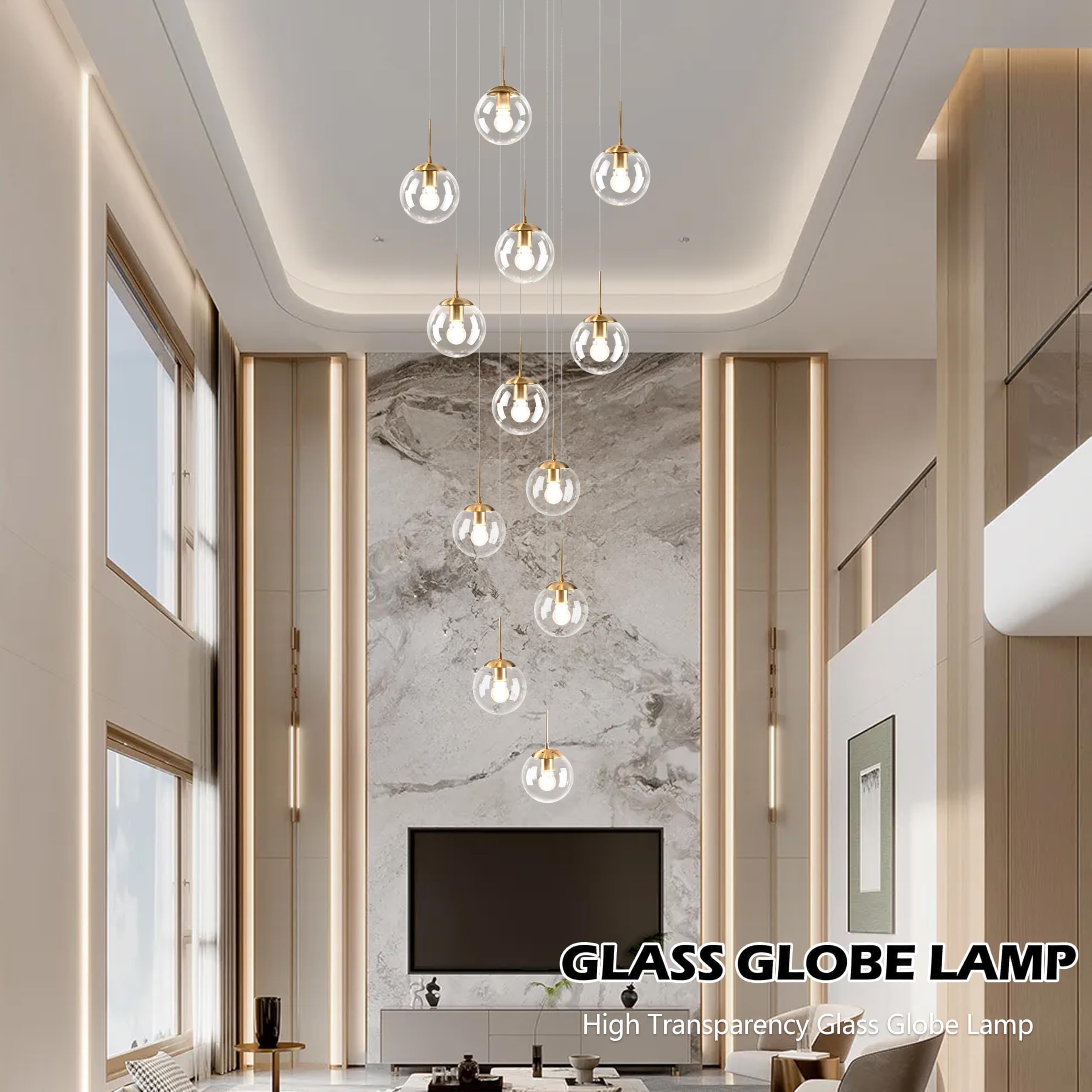 Koko&Yukina 12-Light Gold Mid Century Modern Chandelier For Living Room Staircase Chandelier For Entryway Clear Globe Glass Chan
