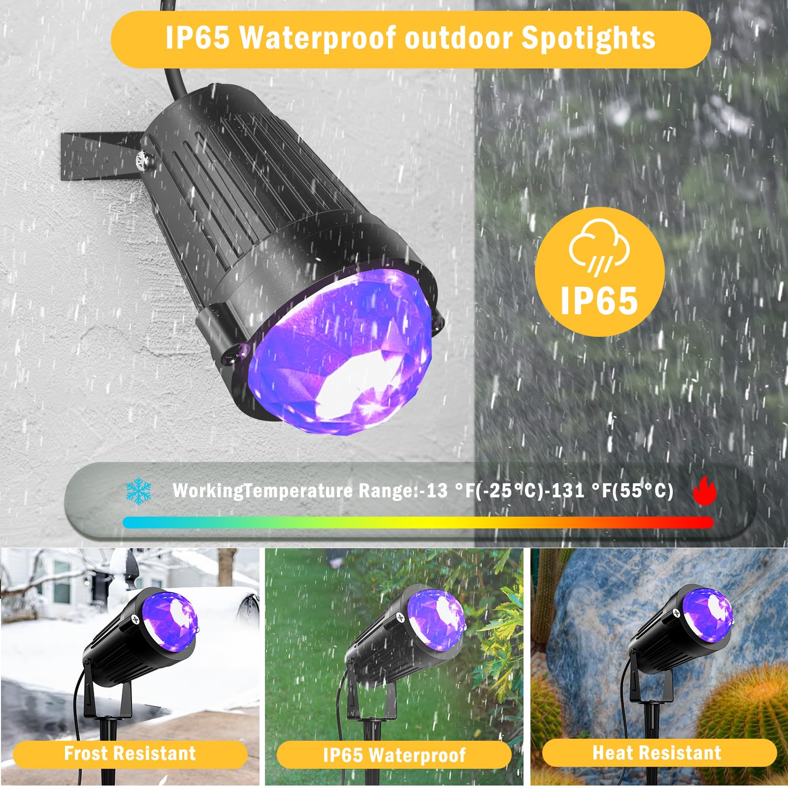 JIAQIYAN LED Spotlight Projector, 12W Color Changing, Black, 4-Pack, IP65 Waterproof, for Outdoor Garden Decor