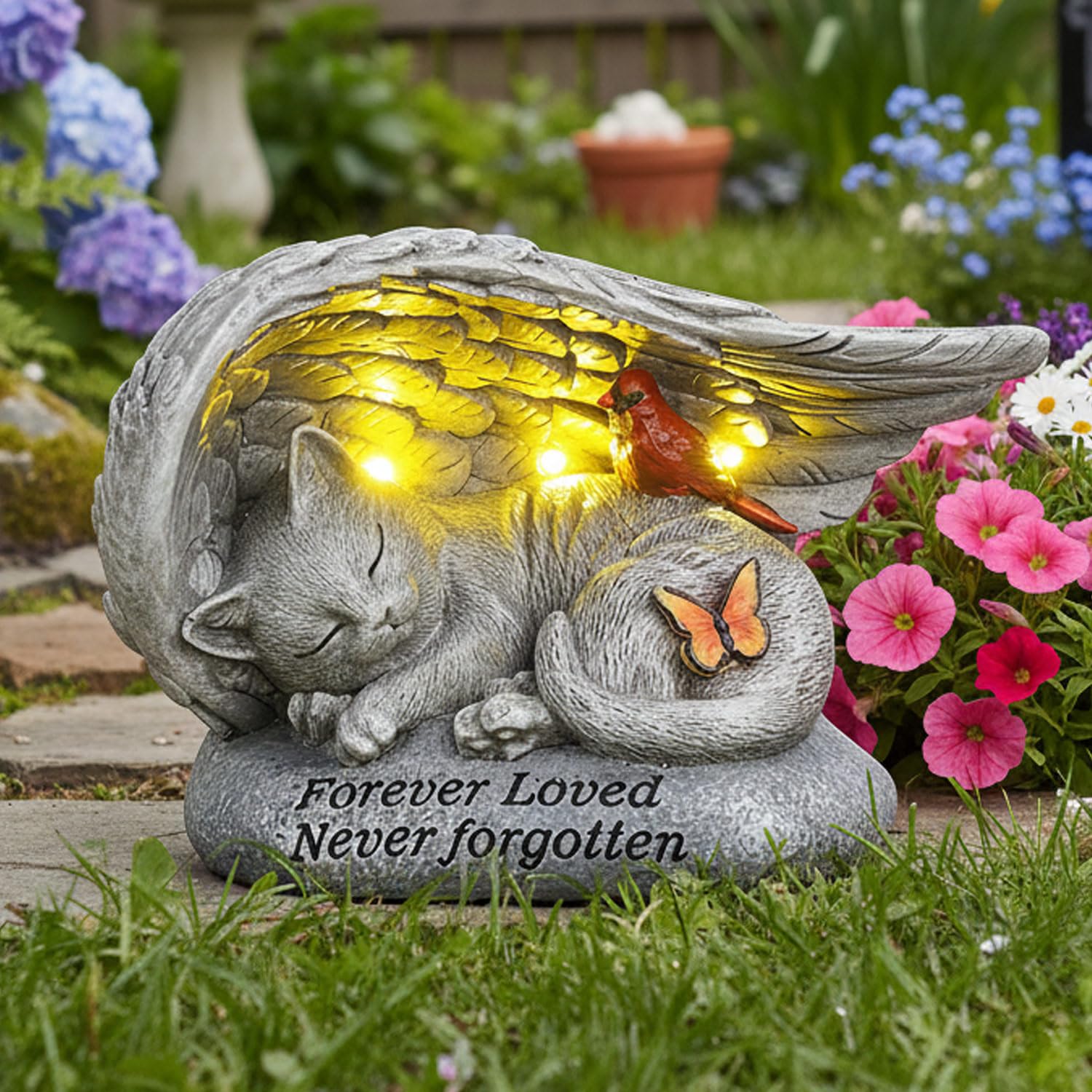 Cat Memorial Stones with Solar Angel Wing Cardinal Butterfly 8 Inch, Sleeping Cat Grave Markers Outdoor Waterproof Pet Loss Symp