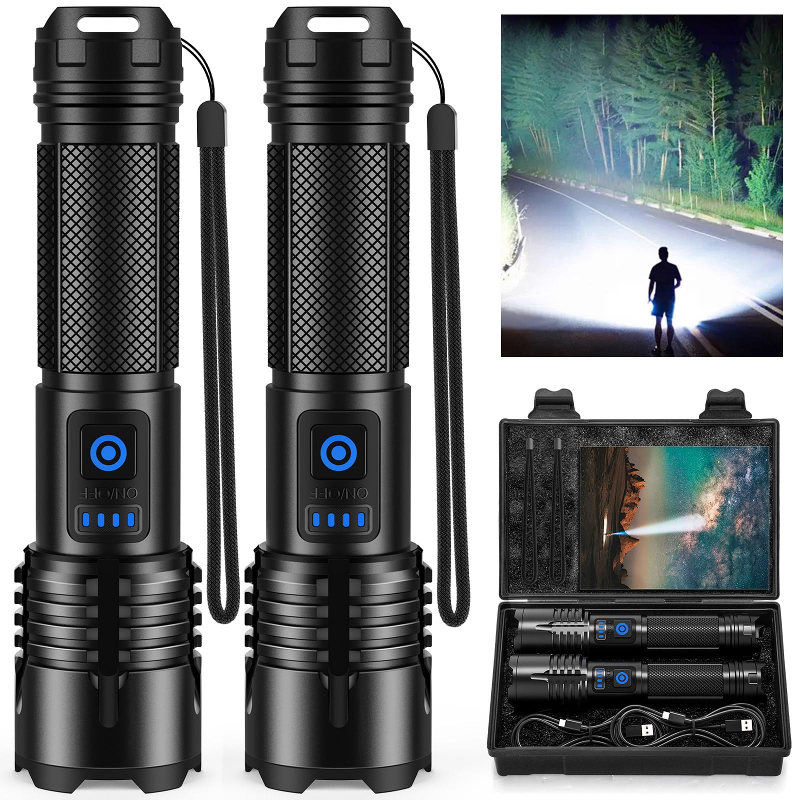 Lylting Rechargeable Flashlight 90,000 Lumens, 5 Modes, Waterproof, Black, Model P115