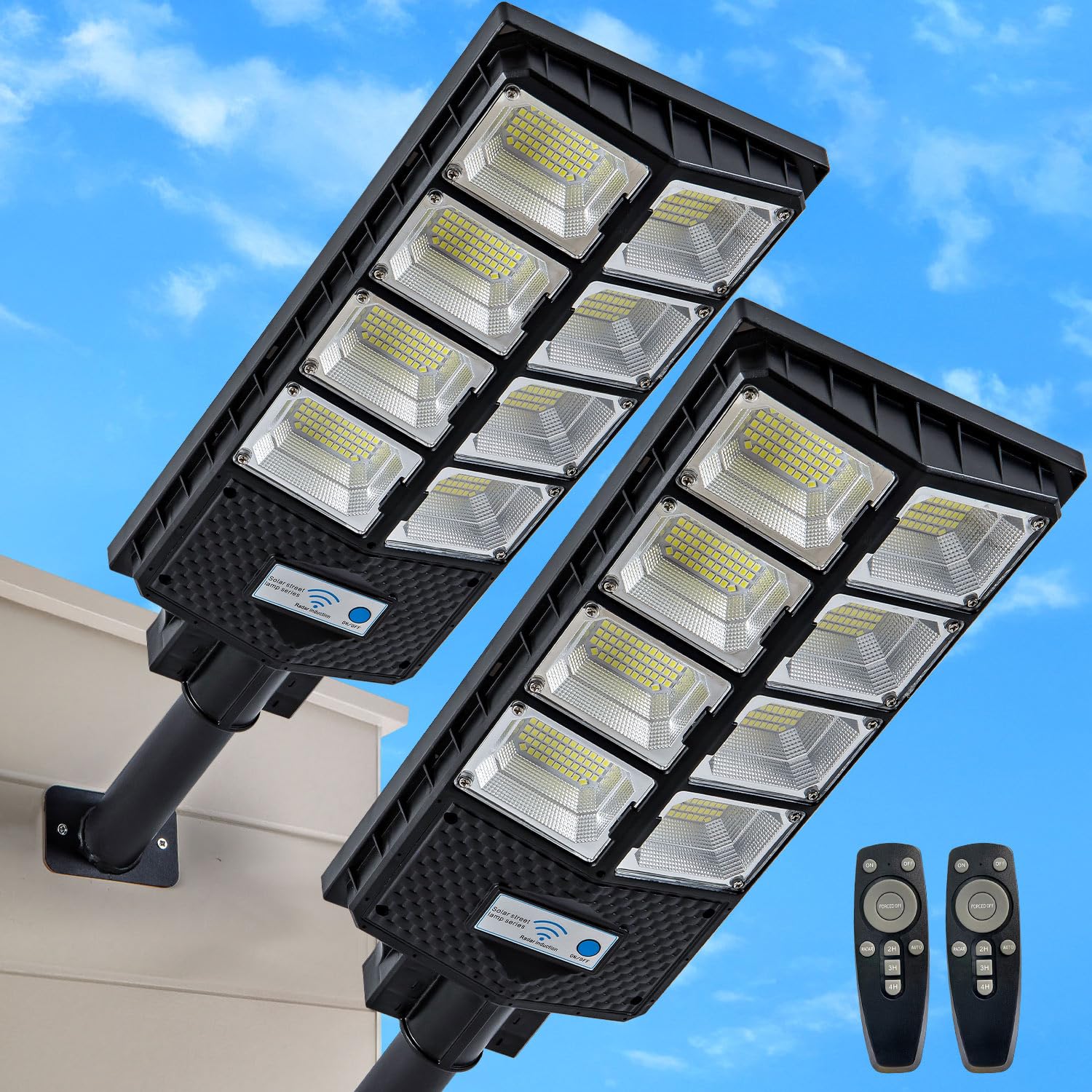 Mejiulug Solar Street Lights, 80000LM, Waterproof, Dusk to Dawn, Motion Sensor, Remote Control, 2-Pack, Metal, Black, Model MJ-168