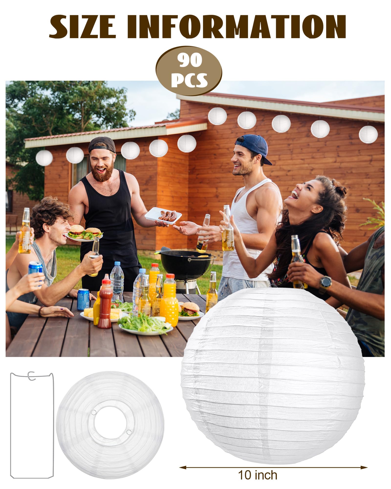 Treela 90 Pack 10 Inches White Chinese Japanese Paper Lanterns Decorative Hanging Ball Lanterns Round Paper Lantern Lamps For Wedding Birthday Party Baby Shower Home Decorations