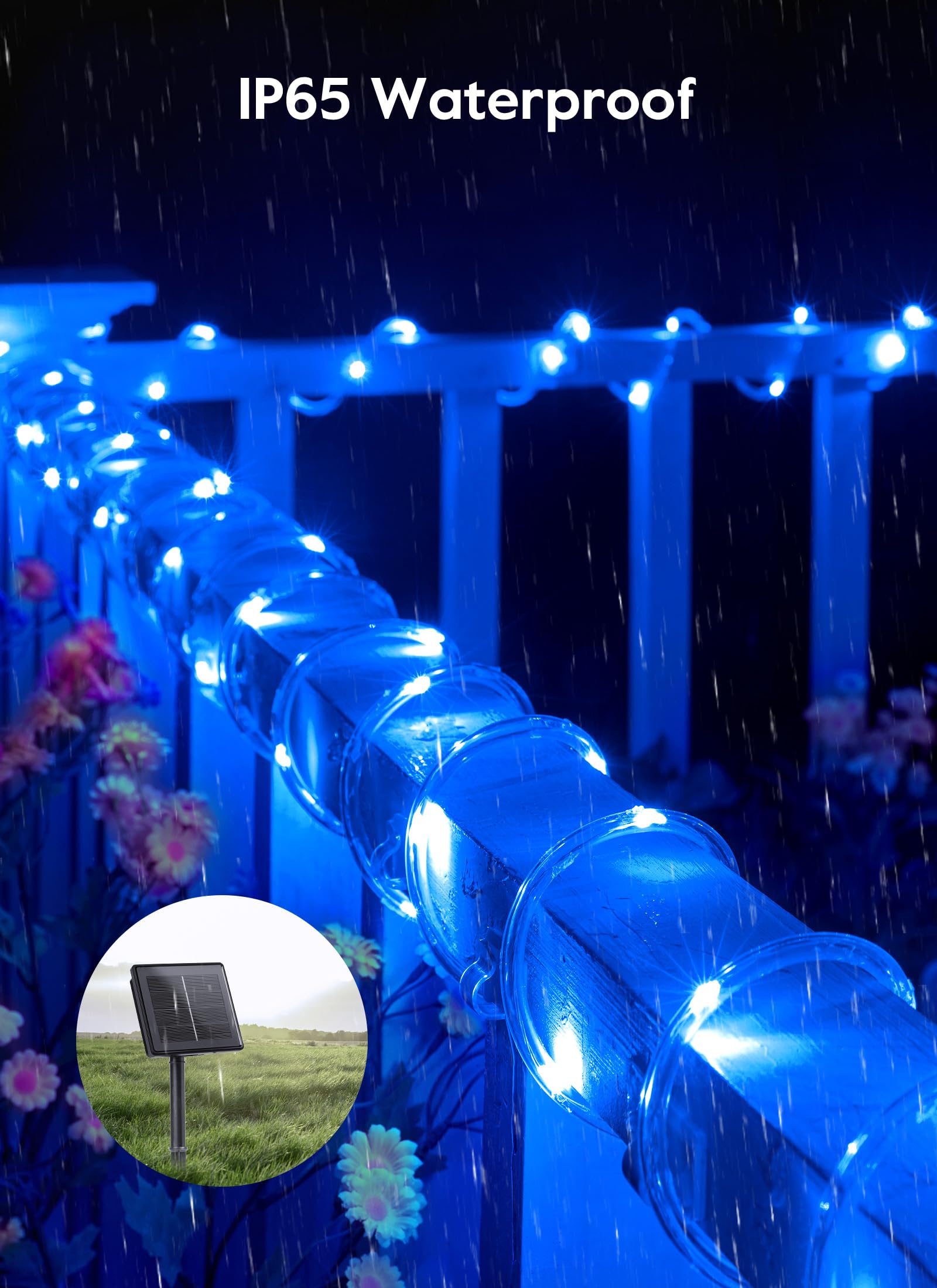 Brightown Solar String Lights Outdoor, 39FT, 100 LED, Waterproof, 8 Lighting Modes, Blue, Model SR-02