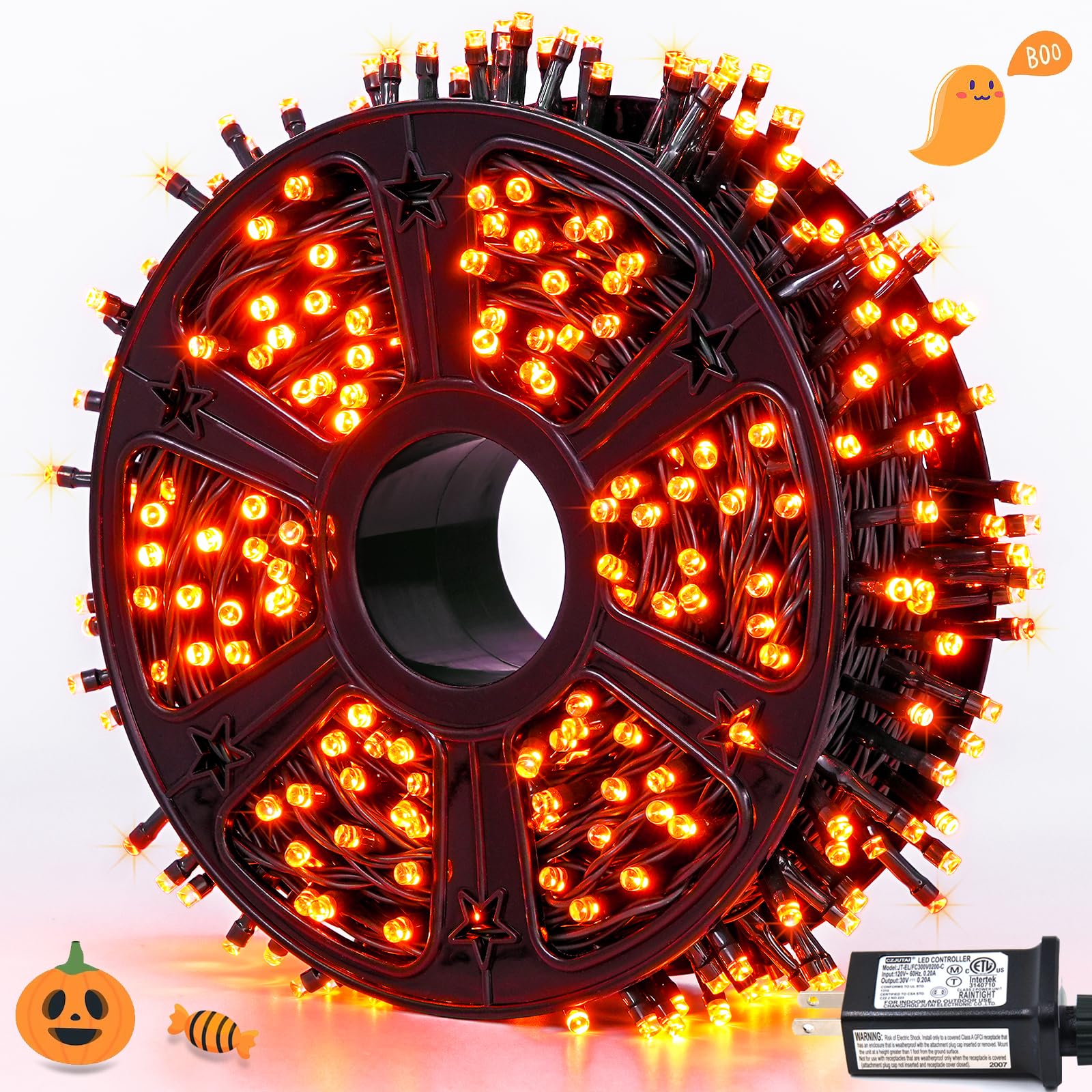 JMEXSUSS 500 LED Orange String Lights, 173ft Waterproof Halloween Lights, 8 Modes, Model EXS-S-0500, With Reel