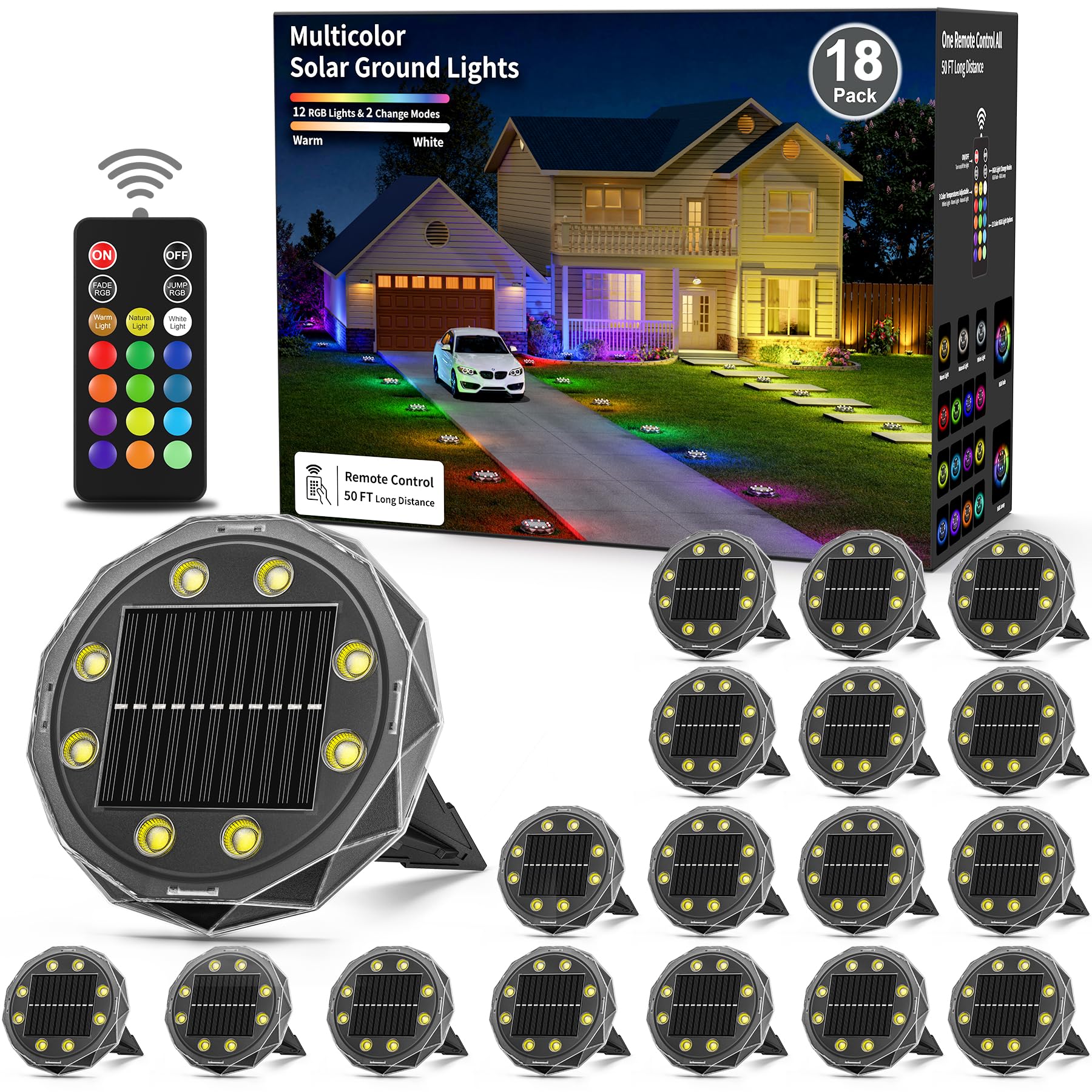 Hicotet Solar Ground Lights, 15 Multi Color, 50ft Remote Control, IP67 Waterproof, 18 Pack, Black, Model LNM-CPD-01