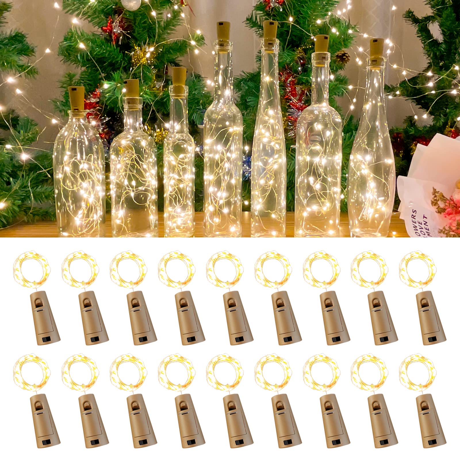 Etinga 18 Pack Wine Bottle Lights with Cork, 20 LEDs, 6.6 Ft, Fairy Mini String Lights for DIY Jar Halloween, Christmas, Party Decoration, Wedding Listing (18 Pack, Warm White)
