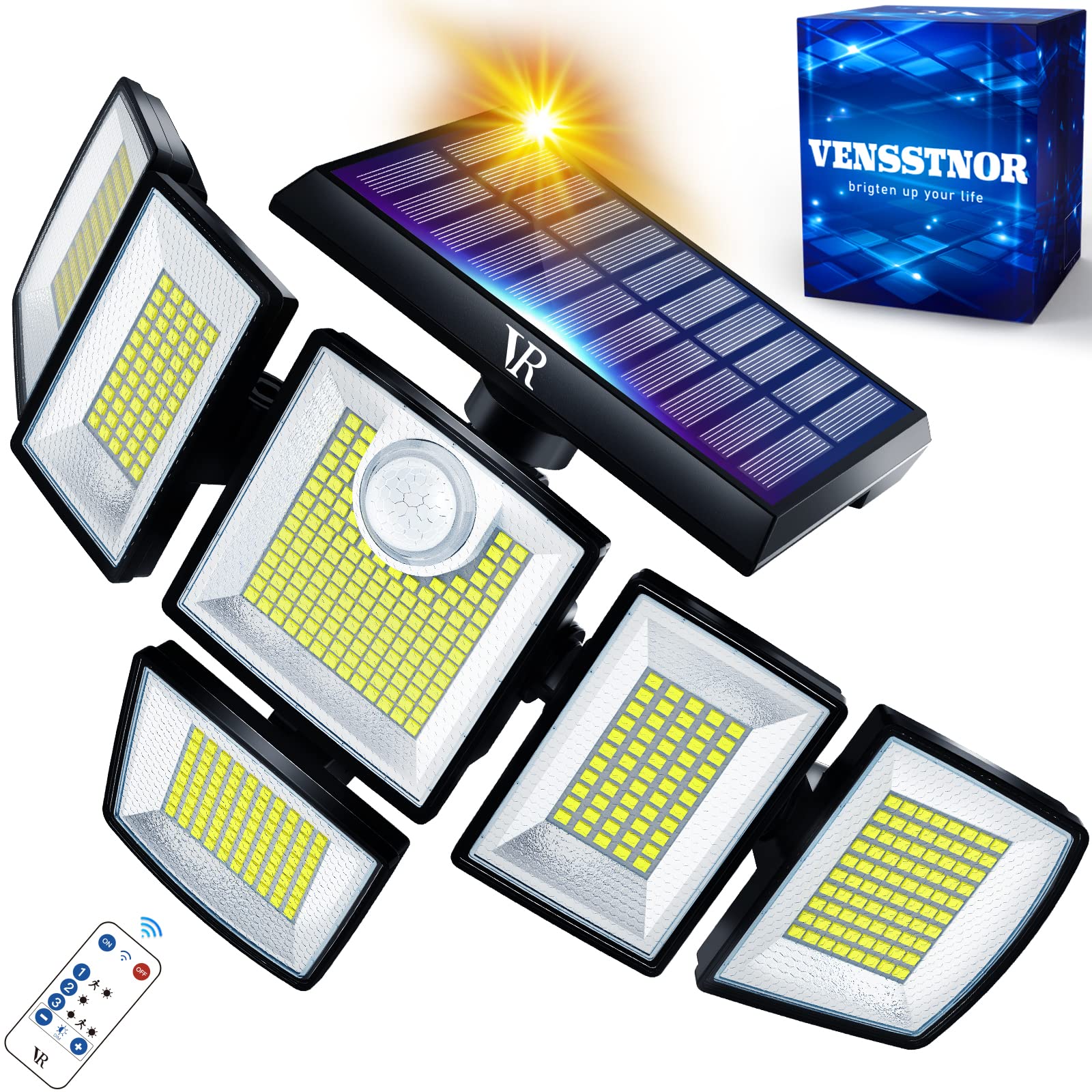 VENSSTNOR Solar Motion Sensor Flood Lights - 496 LEDs, 3500LM, 6 Heads, IP65 Waterproof, Pack 1, Black, Model LY-VRSL-6H