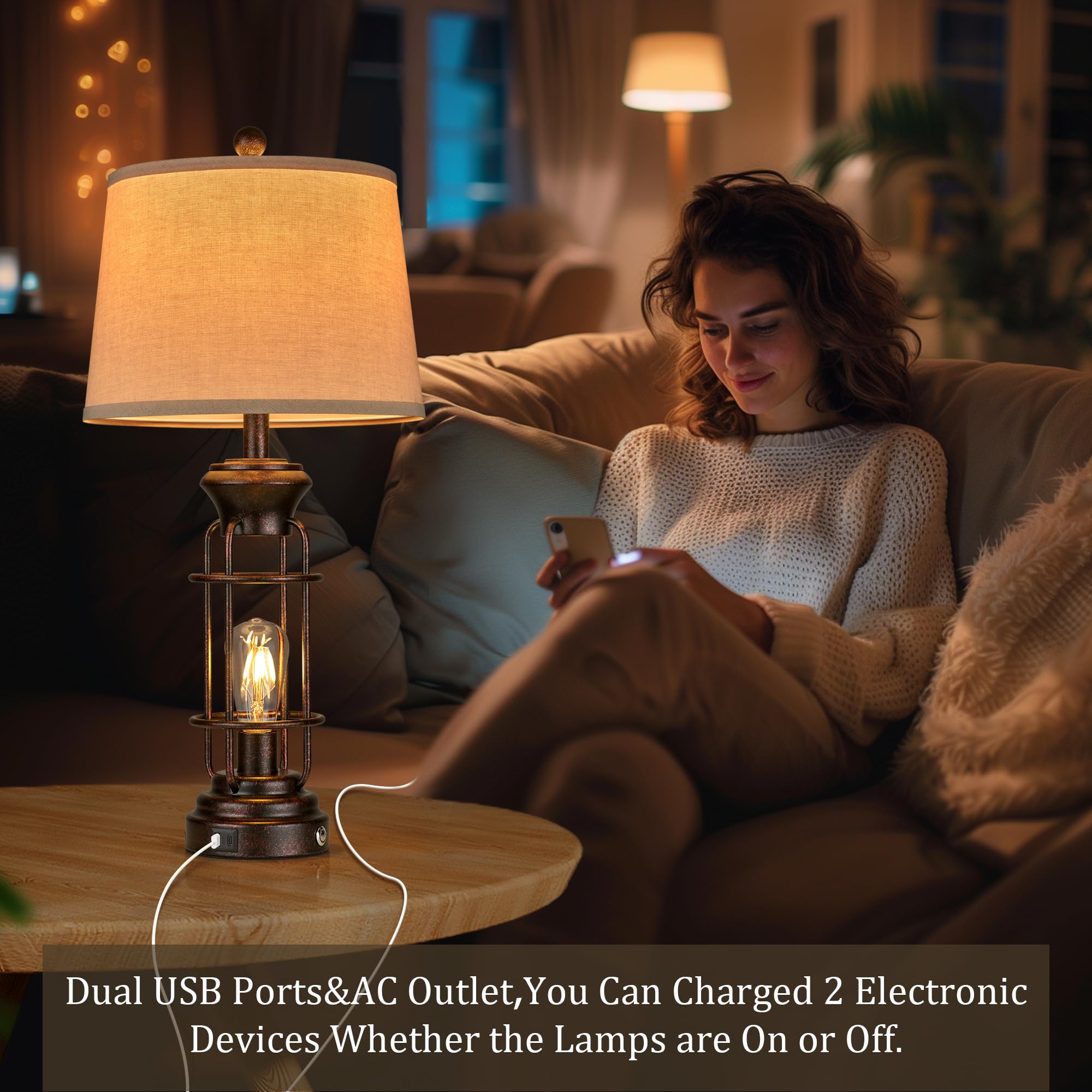 Reaketon Table Lamps For Living Room Set Of 2, 28'' Tall Farmhouse Table Lamp With Usb C+A Ports, Bedroom Lamps For Nightstand W