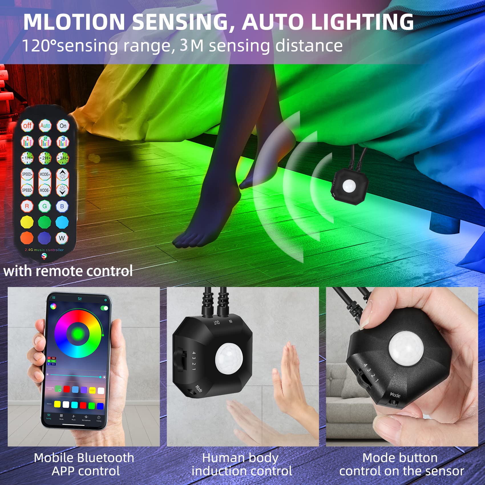 Motion Activated Under Bed Lights,9.8Ft Motion Sensor Led Light Strip With Remote Control,5050 Rgb Led Night Lights With Automatic Shut Off Timer For Indoor,Bed,Wardrobe, Cabinet,Corridor,Stair Decor