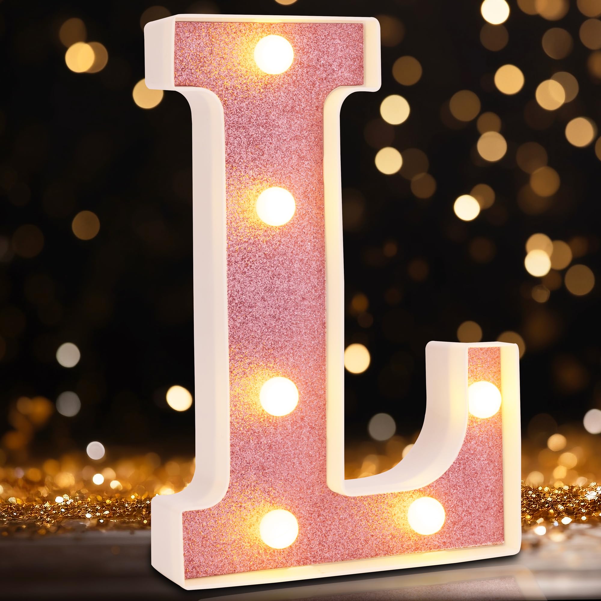 DyingSwan Small LED Marquee Letter L, 8.58 Inch Pink Glitter Lighted Sign, Battery Powered Plastic Decor for Parties and Birthdays