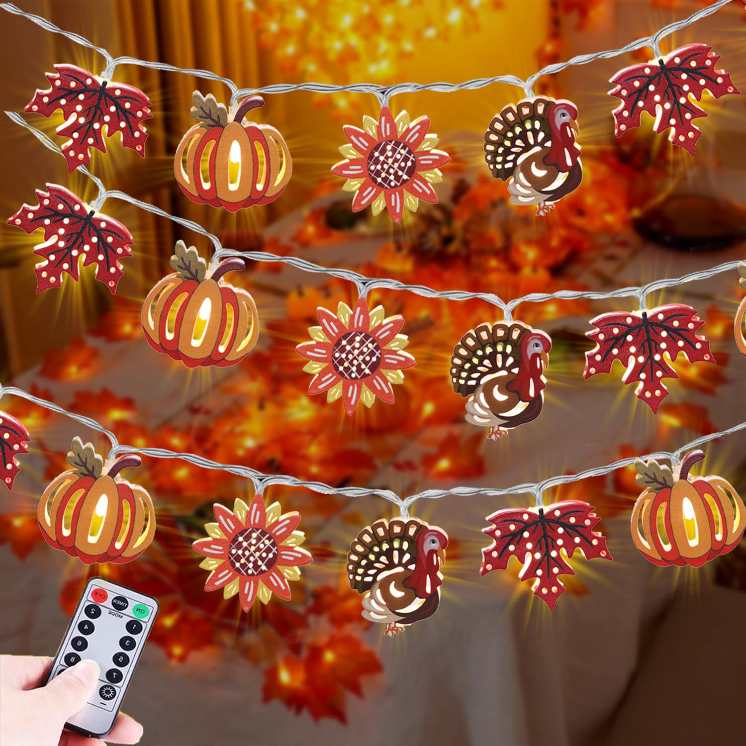 HUGSVIK 20 LED Maple Leaf Pumpkin Turkey Thanksgiving Lights, Battery Operated Thanksgiving Decorations Fall Lights for Home Aut