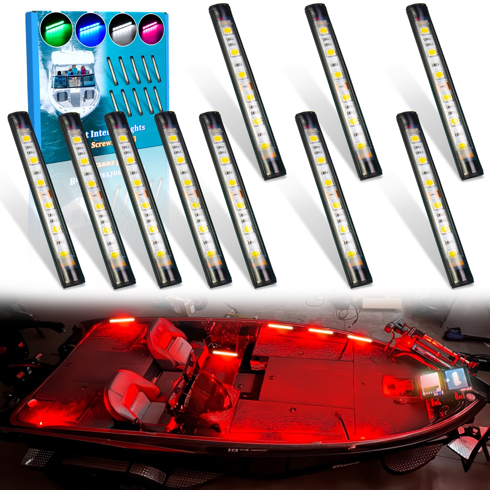 Botepon Marine LED Boat Interior Lights, IP67 Waterproof, No Drill Install, Red, Model BP-6led-strip light-10