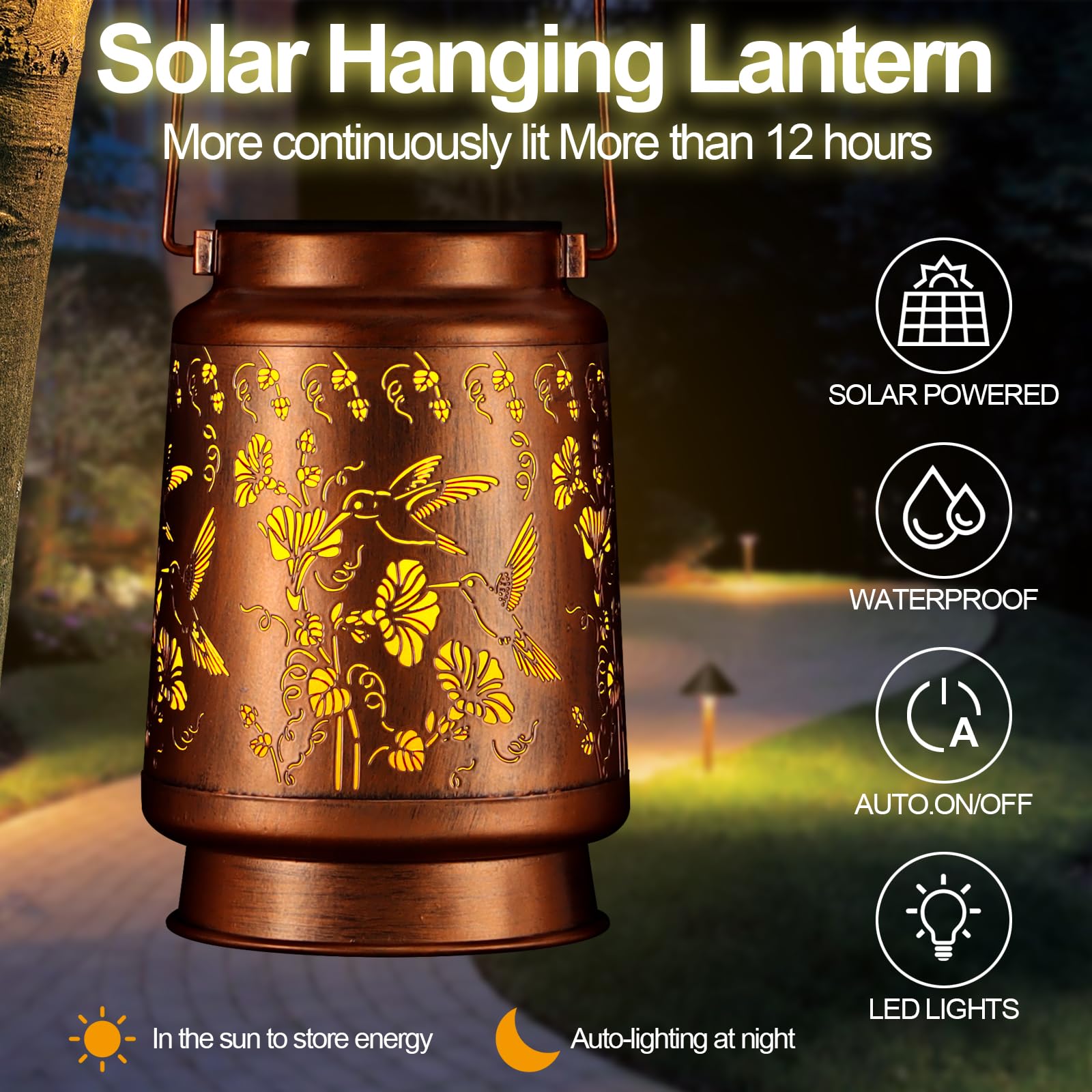 Pawatee Solar Lantern - Outdoor Hanging Waterproof Hummingbird Design, Bronze, 4.33"x4.33"x6.89", Model 605, Perfect for Garden & Patio Decor
