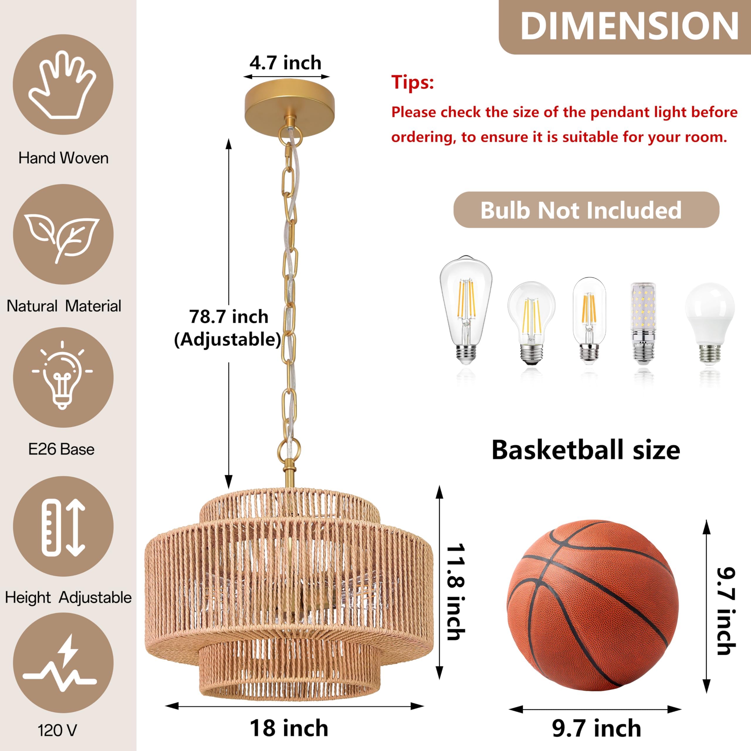 Bagood 18''Rattan Pendant Light Gold Woven Pendant Light 3-Light Boho Chandelier Light Fixture 3-Tier Wicker Pendant Light Rusti