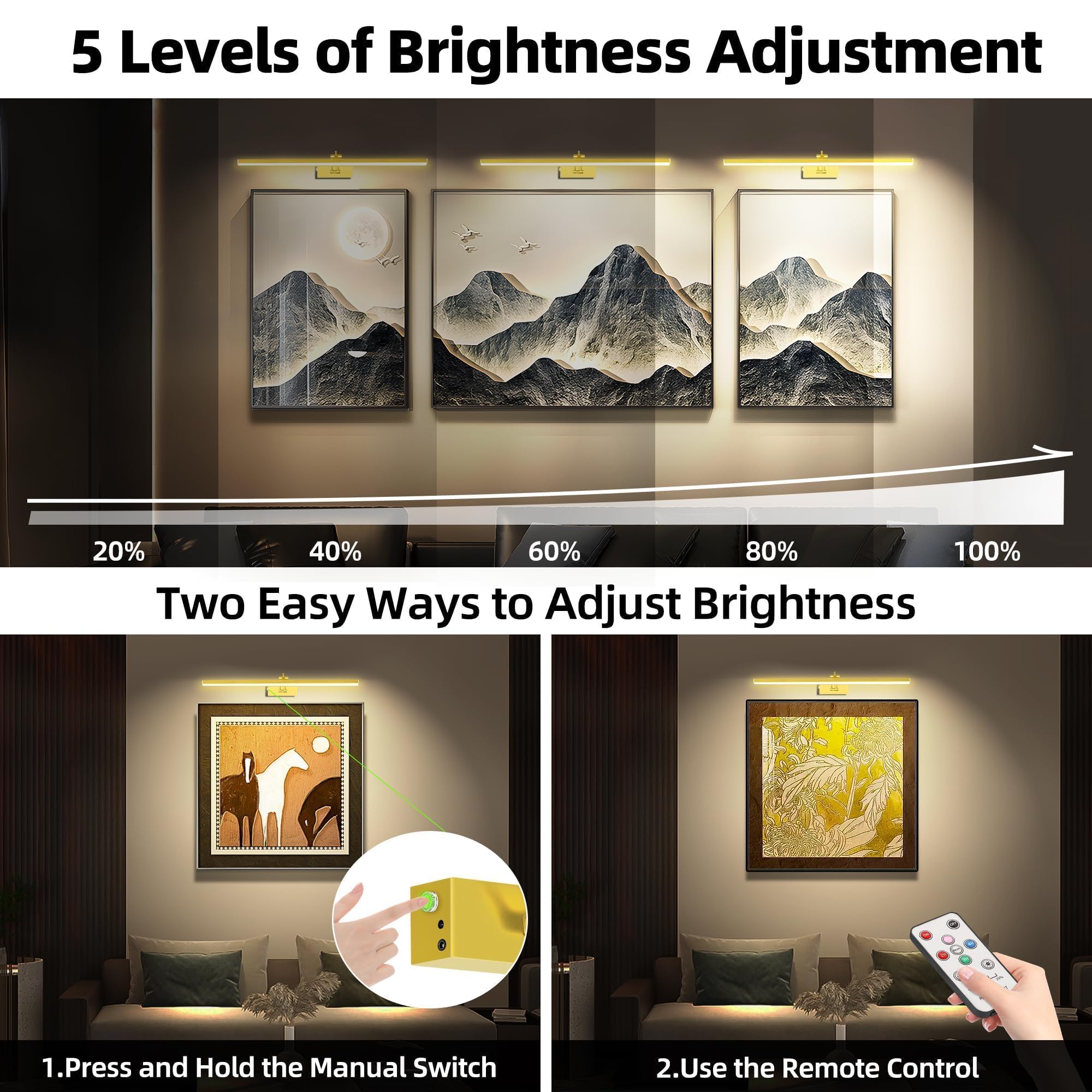 JNGMAIR 4 Pack Picture Lights - 23in Gold Aluminum Art Lighting, Cordless, Rechargeable with Remote, Dimmable & Timer, Model JM-09ZHD-60-G
