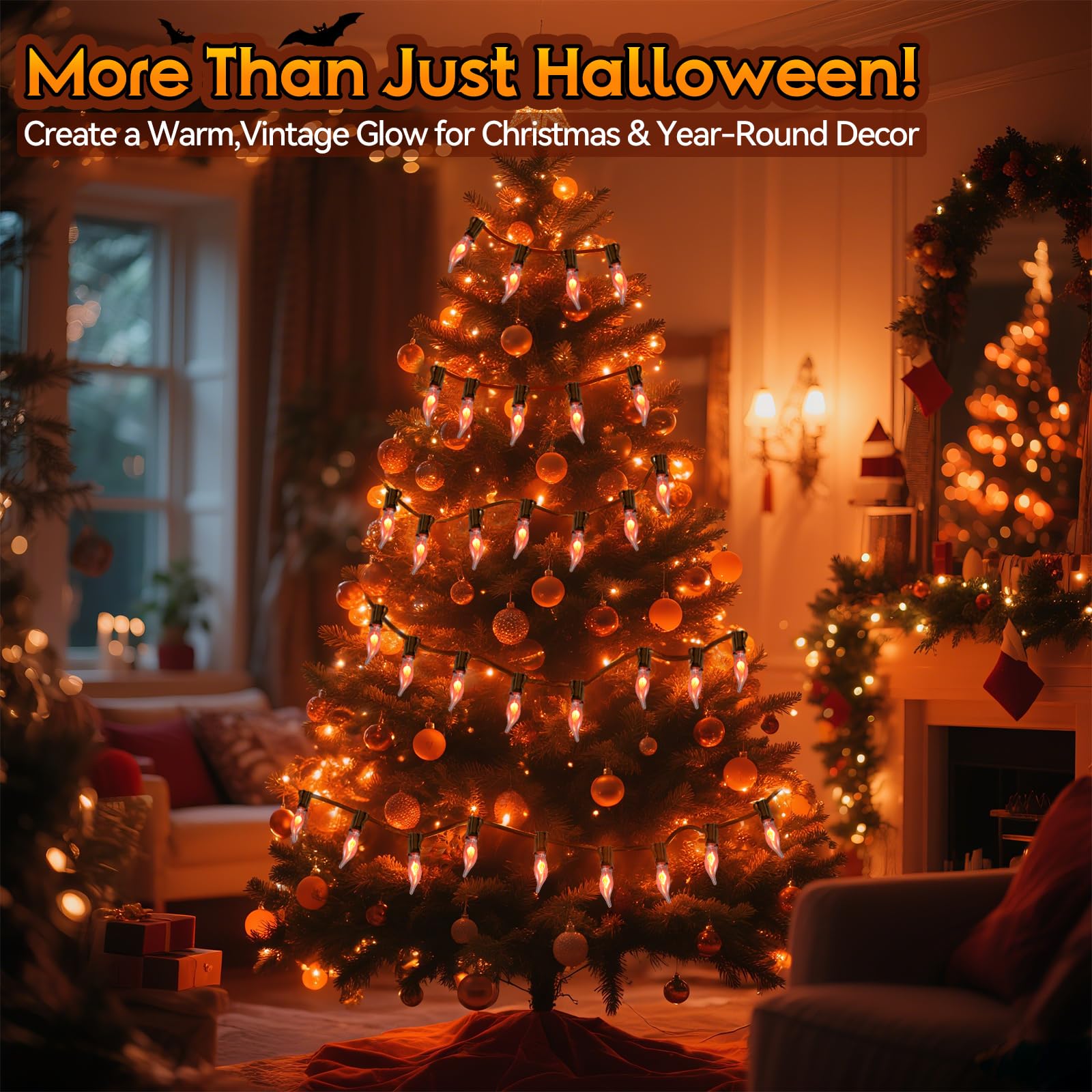 Hobbynors 50Ft Extra-Long Fall & Halloween String Lights 25 C18 Flicker Flame Bulbs For Outdoor Decor Waterproof & Connectable For Christmas  Thanksgiving & Festive Party Ambiance