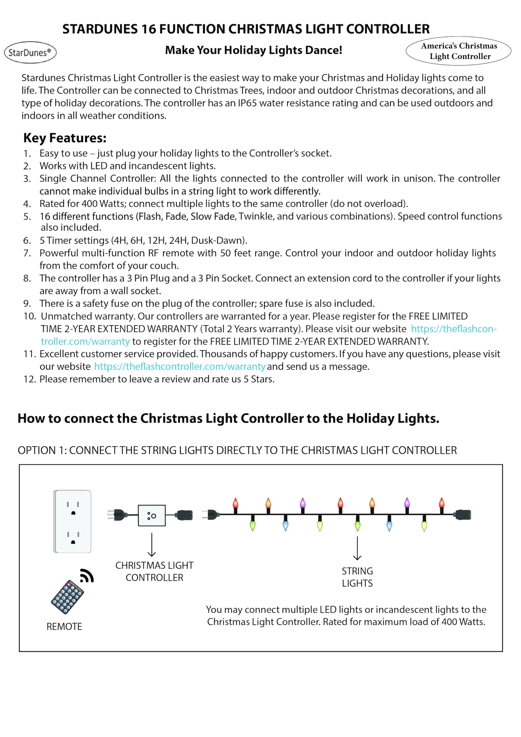 Stardunes Christmas Light Controller - 16 Dazzling Flash/Fade Functions, 5 Timer Functions, Full Function Remote