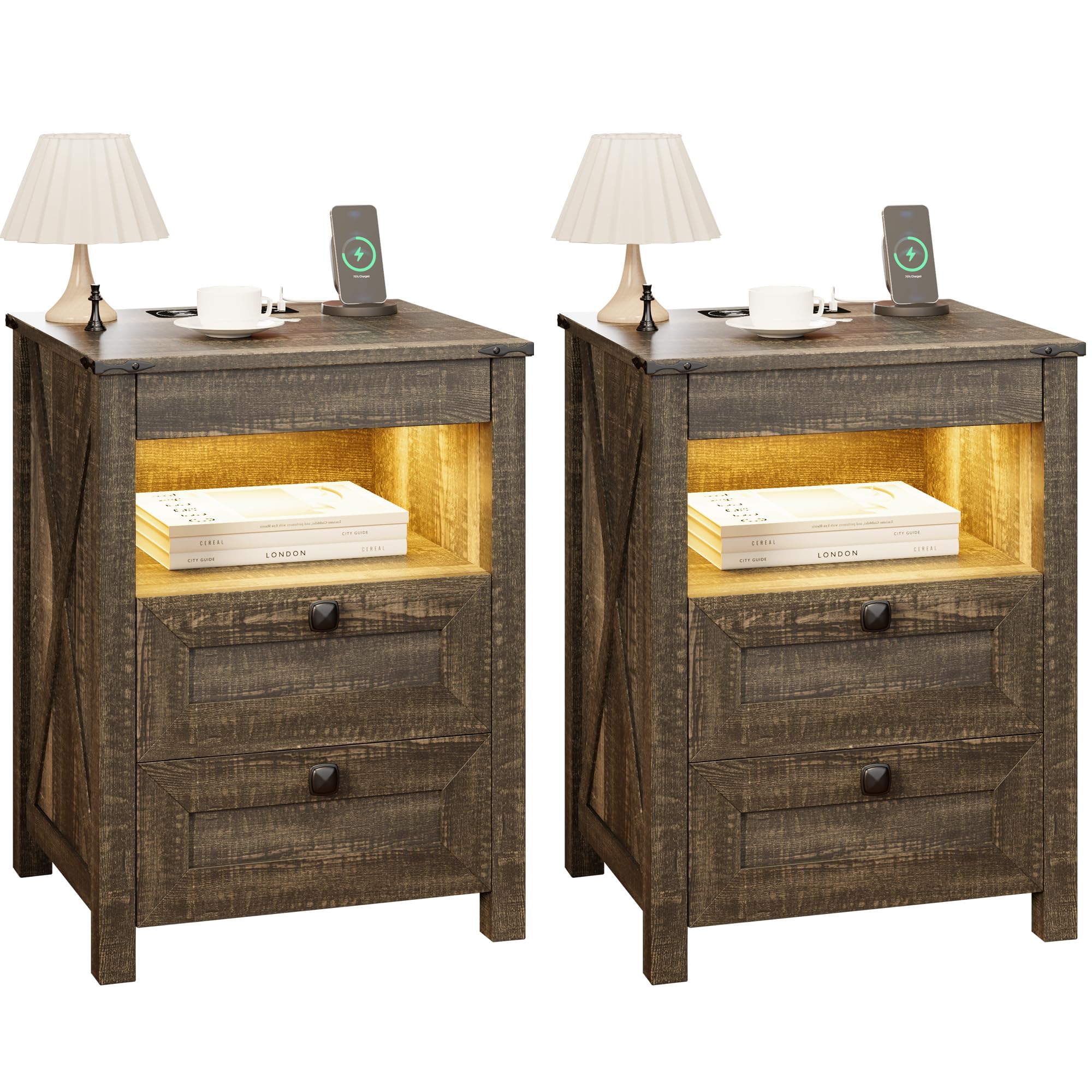 HWB Nightstand Set of 2 with Charging Station, Engineered Wood, 17.72inx15.75inx23.62in, Brown, Model Gun Nightstand 91061