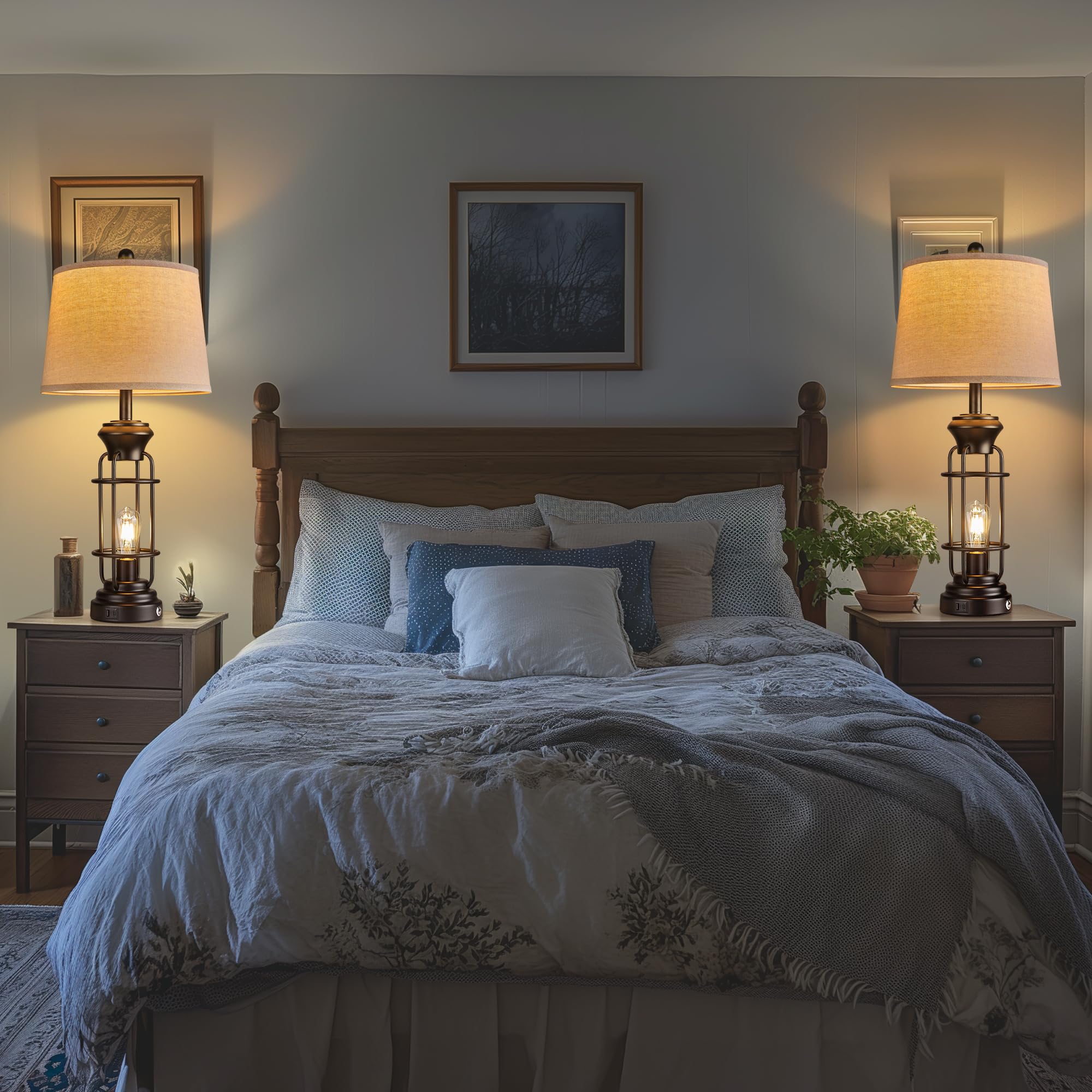 Reaketon Table Lamp Set Of 2 With Usb Ports, 29.3'' Tall Farmhouse Table Lamp With 2 Nightlight Bulbs,Touch Control Table Lamps