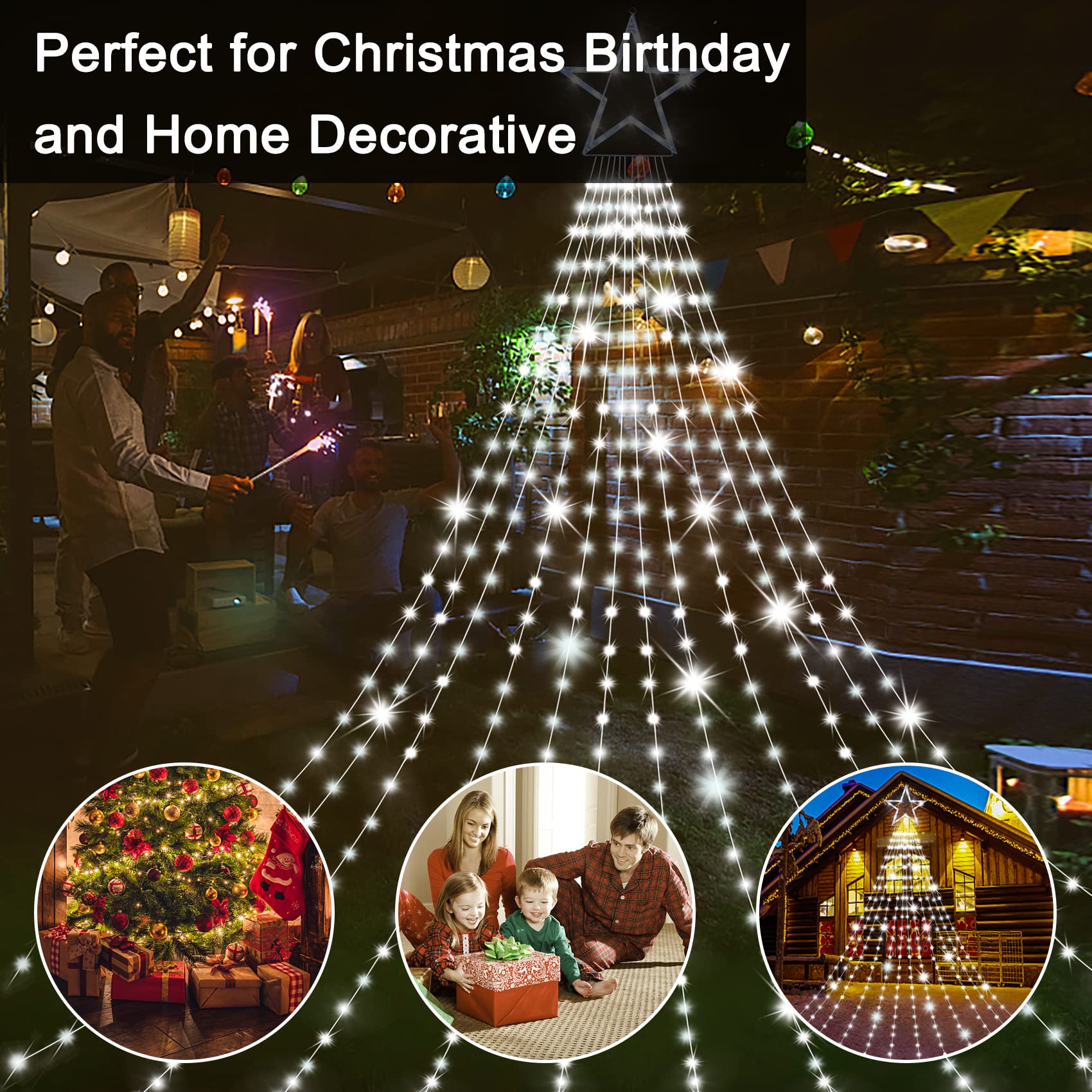Onory Christmas Outdoor Star String Lights 23Ft 860 Led Waterproof Waterfall Tree Lights With Star Topper, 8 Modes Christmas Dec