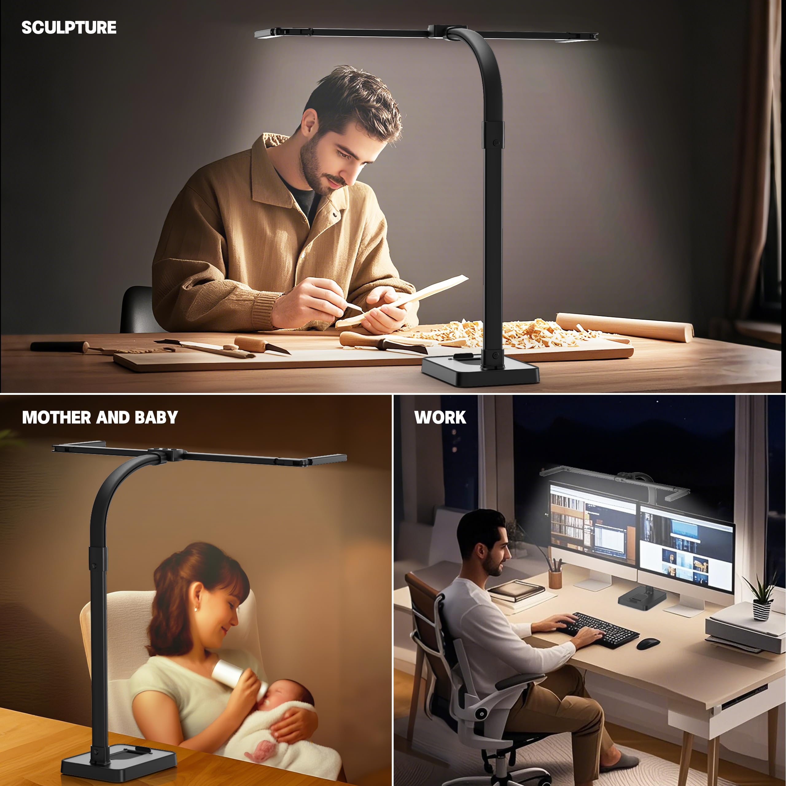sandiea LED Desk Lamp - 24W Double Head Architect Light with Clamp, 25 Modes, Flexible Gooseneck, All Black, Model LT-TD03