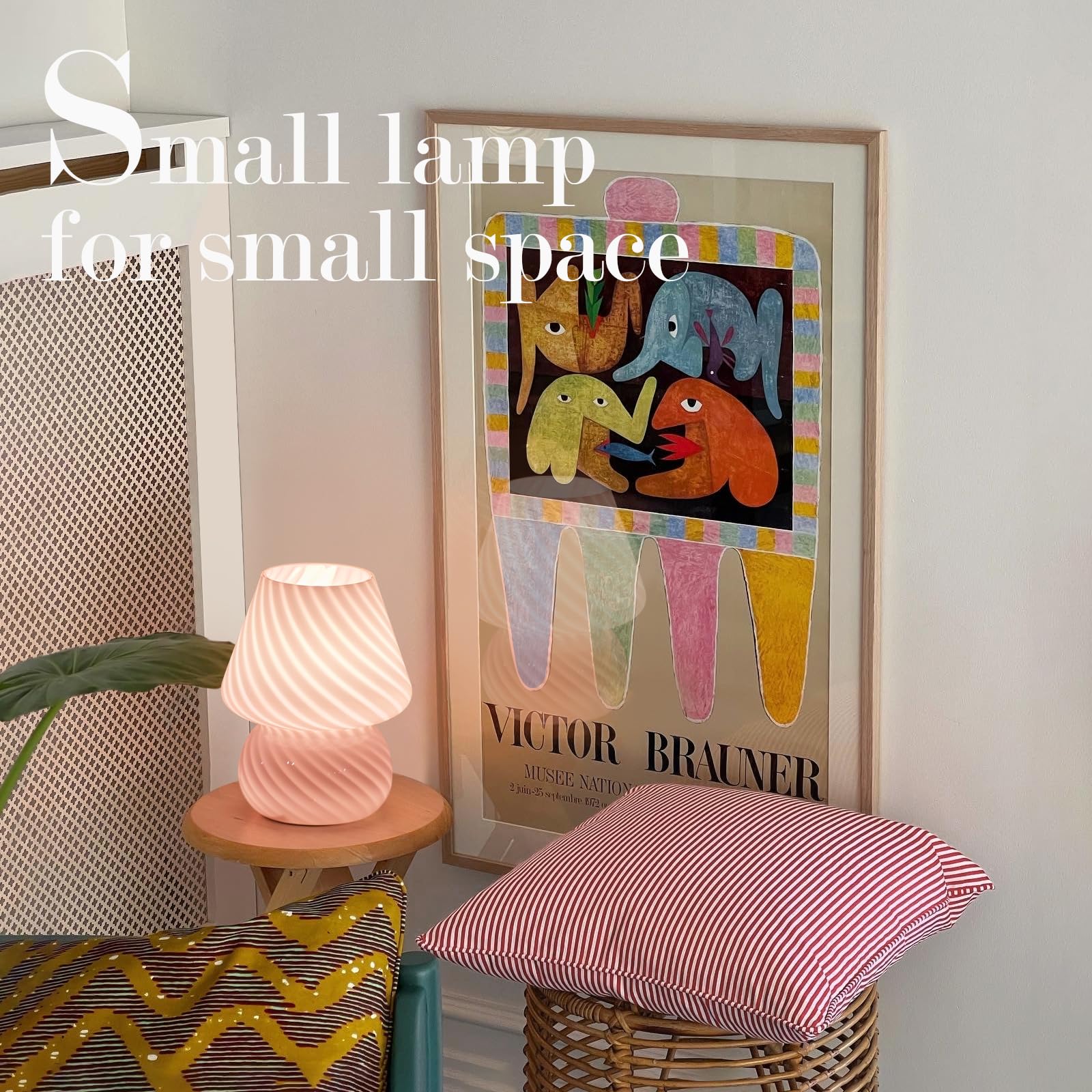 Onewish Mushroom Lamp-Small Bedside Table Lamp With Striped Glass, Nightstand Lamp For Bedroom, Living Room, Cafe, Bulb Included