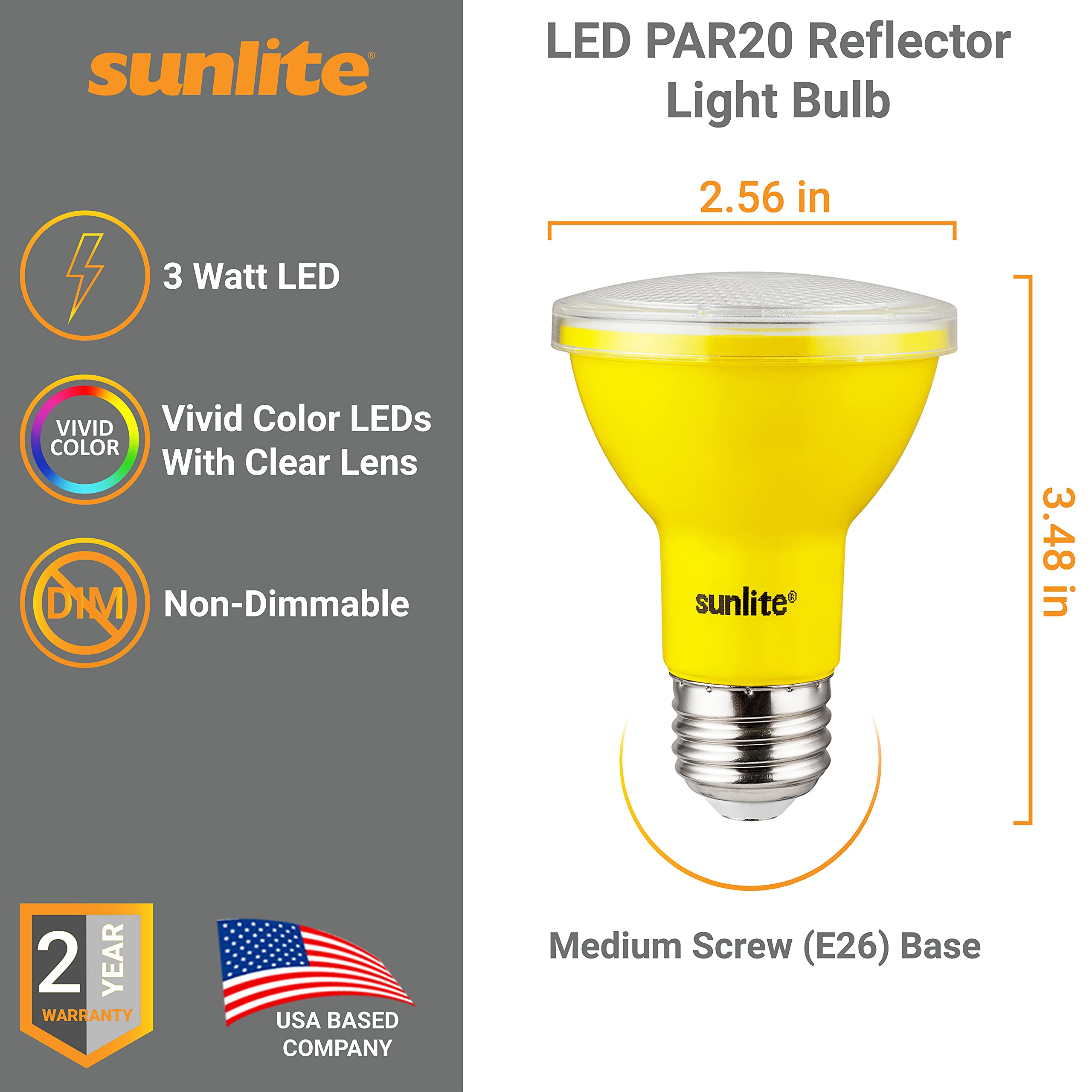 Sunlite LED PAR20 Floodlight Bulb, 3W (50W Equivalent), Yellow, Medium E26 Base, ETL Listed, 1 Count