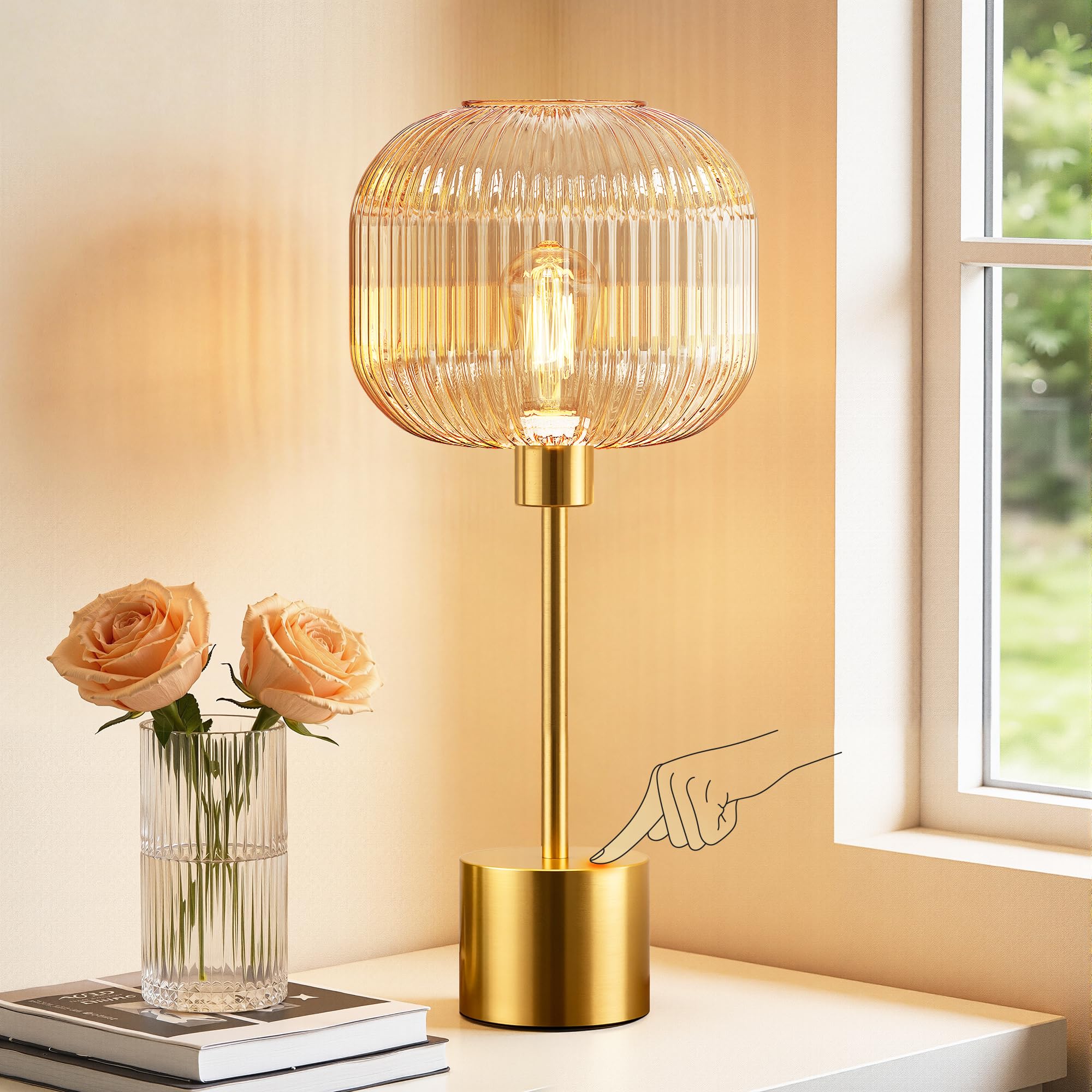 QiMH Glass Table Lamp for Living Room  Modern Bedside Lamp with Sparkling Beverage Ribbed Glass Shade  3-Way Dimmable Touch Control Nightstand Lamp for Bedroom  Brushed Gold (2700K LED Bulb Included)