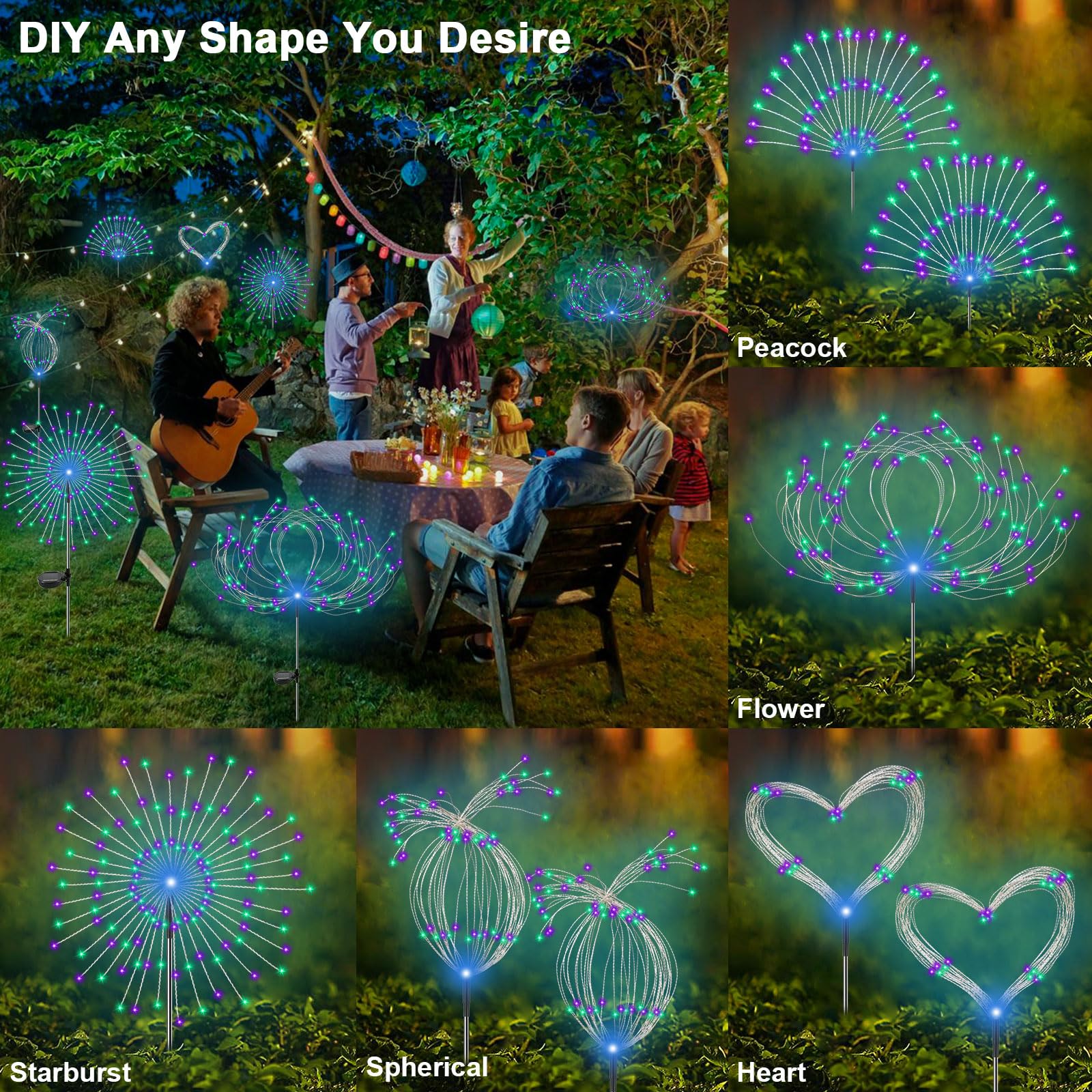 YaaFen Solar Garden Lights, 120 LED Twinkling Firework, 2 Pack, Waterproof, Green + Purple, Model YHD