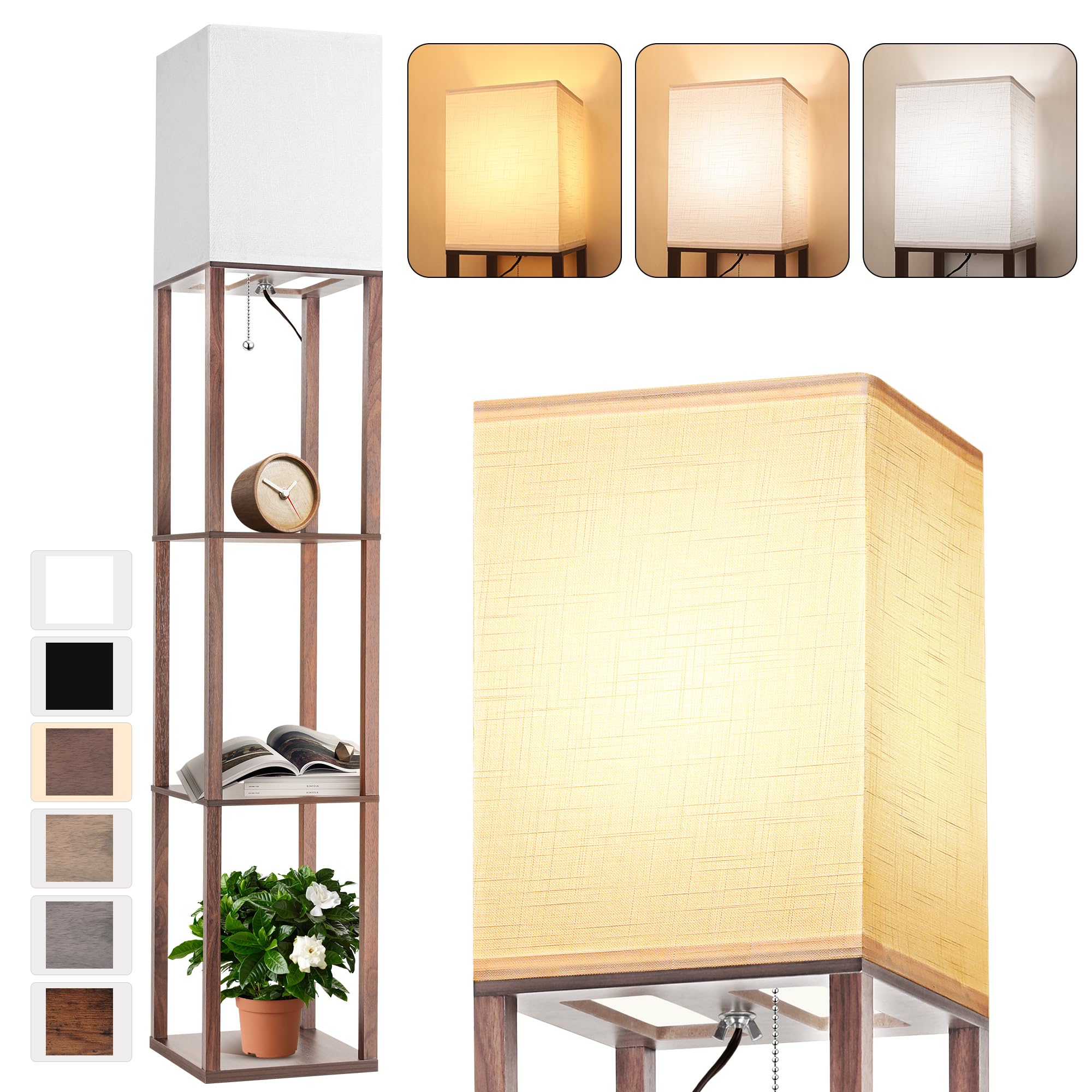 Floor Lamp with Shelves for Living Room Walnut Brown, Shelf Floor Lamp with 3 CCT LED Bulb, Corner Display Standing Column Lamp 