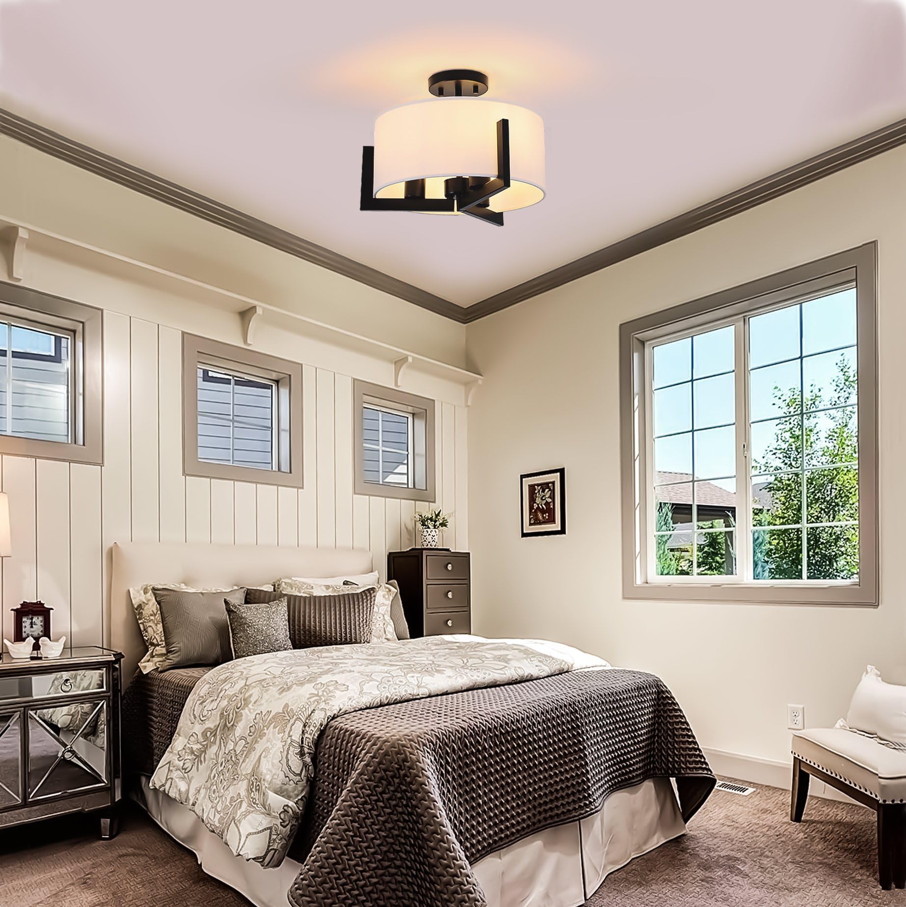 Mecuss 14 Inch Semi Flush Mount Ceiling Light, 3-Light Black Modern Light Fixtures Ceiling Mount With White Drum Fabric Shade Fo