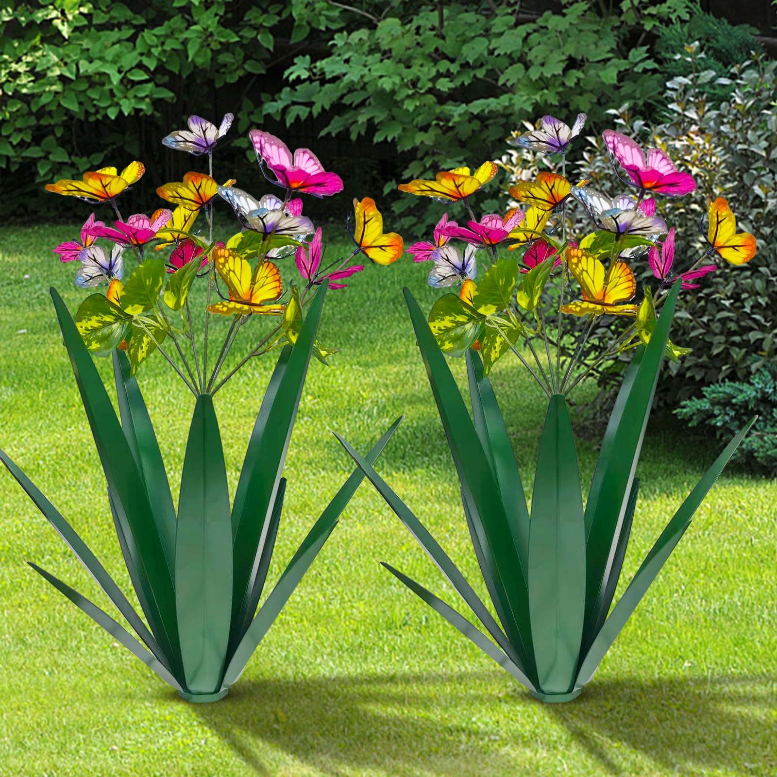 Garden Outdoor Butterfly Enlarge thickened Wind Resistant Metal Agave Garden Art Metal Plant Country Garden Sculpture Statue Decorations Ornaments Artificial Waterproof Butterflies(green 2pcs)