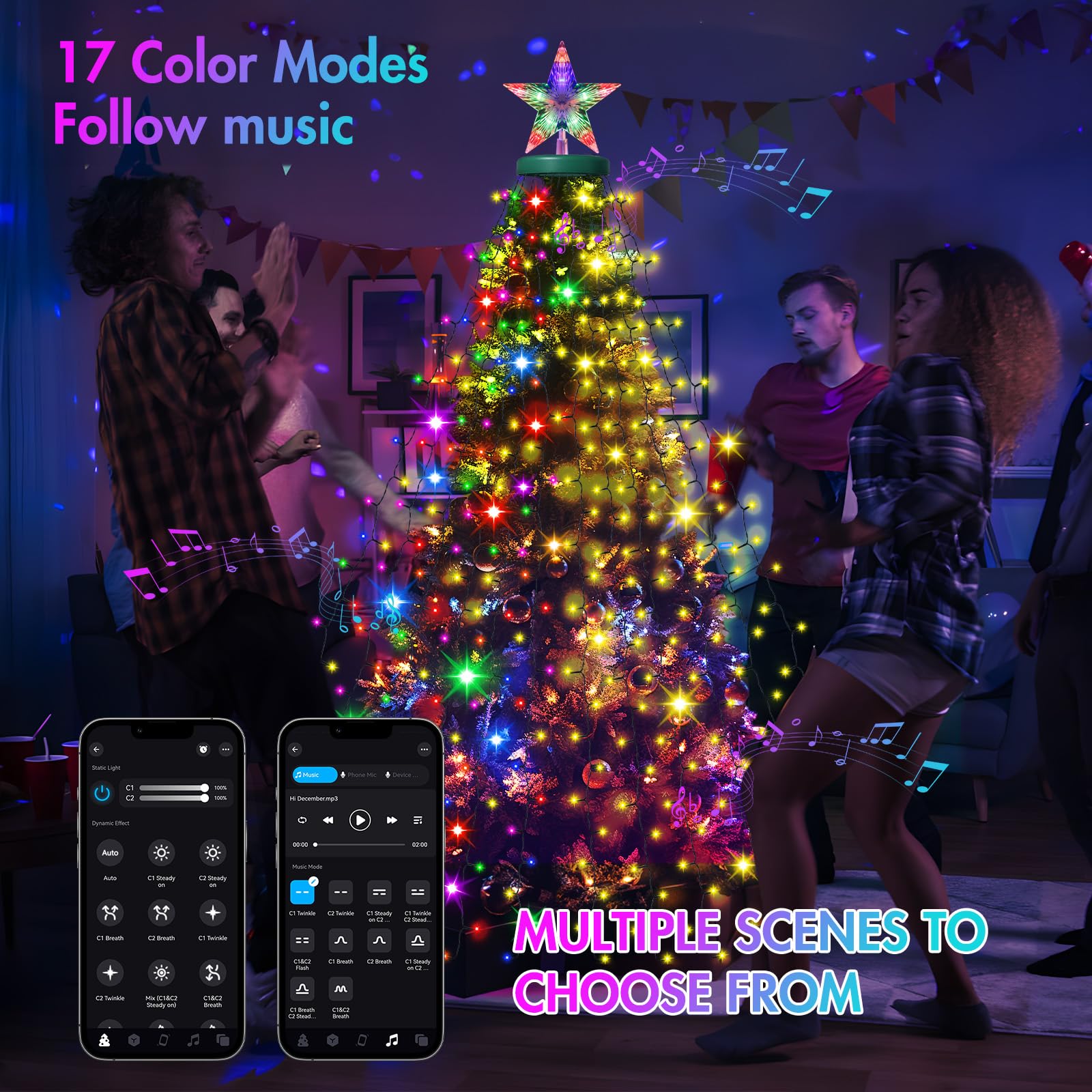 Smart Cascading Twinkle Lights For Christmas Tree, 410Led Christmas Tree Lights App Control Music Sync, 6.6Ft X 16 Lines String Lights For Indoor Outdoor Xmas Tree Decor, Warm White & Multicolor
