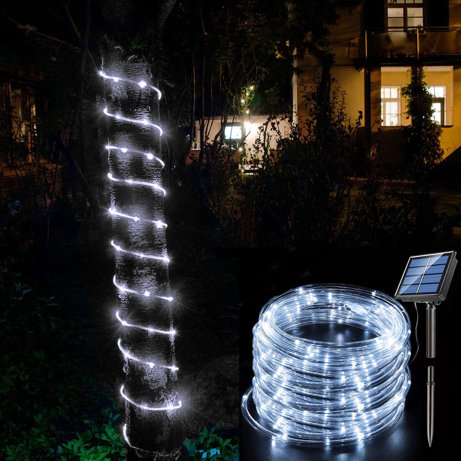 Honche Solar Rope Light 33FT LED Copper Fairy String Lights IP65 Weatherproof Cool White for Outdoor Garden Party Decor