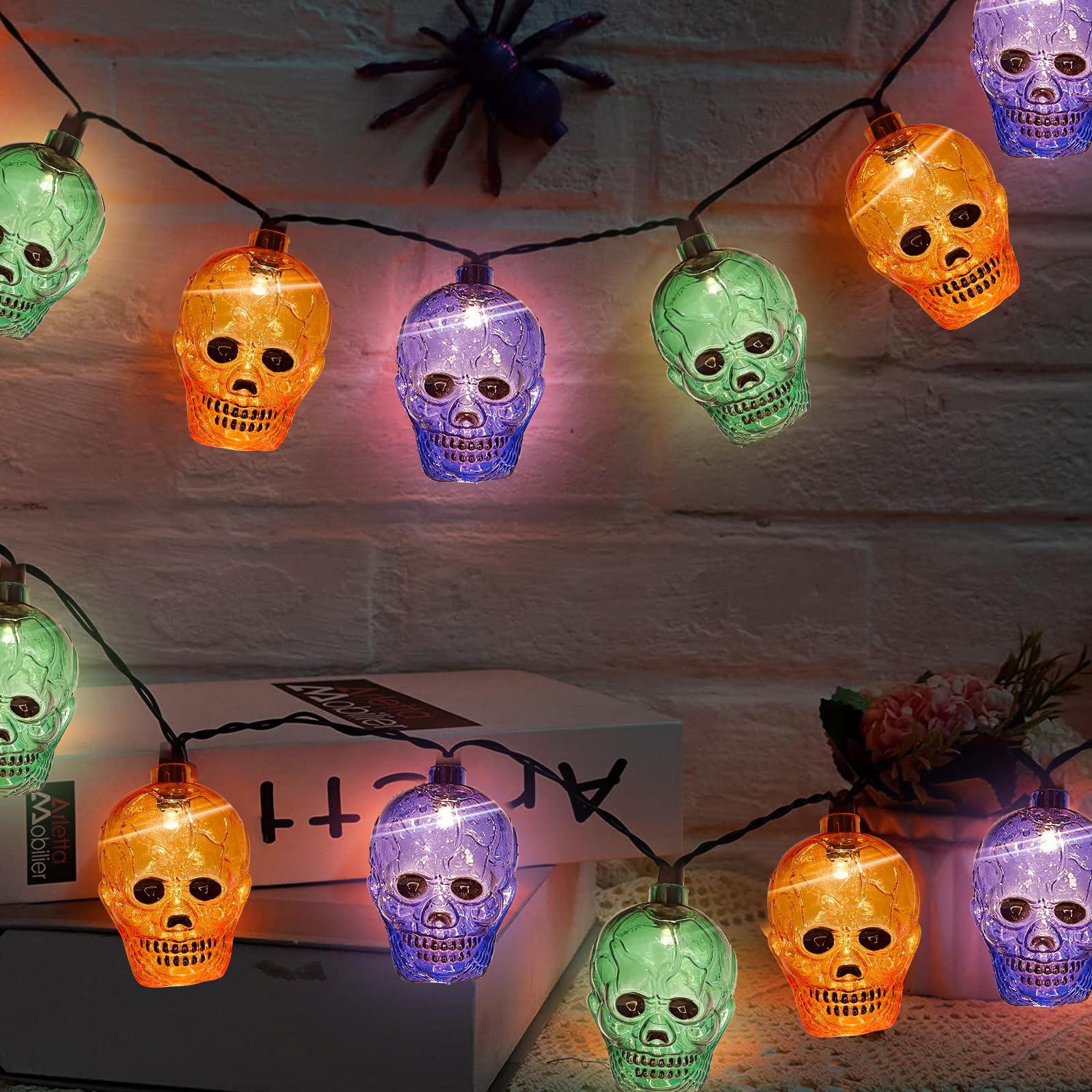 GOOTHY Halloween Skull String Lights, 10 LED, 8.5Ft, Plug-in, Orange/Purple/Green, Outdoor/Indoor Decorations