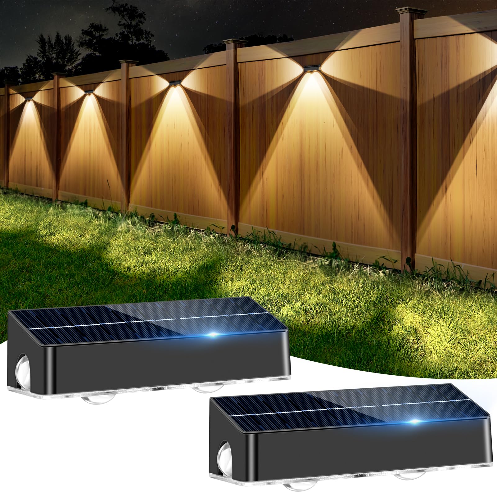 Nibuuecer Solar Fence Lights 2 Pack 9 Colors&11 Lighting Modes Fence Solar Light Outdoor Waterproof Ip65  3-Side Lighting Led Deck Lights For Outside Wall Backyard Step Patio Garden