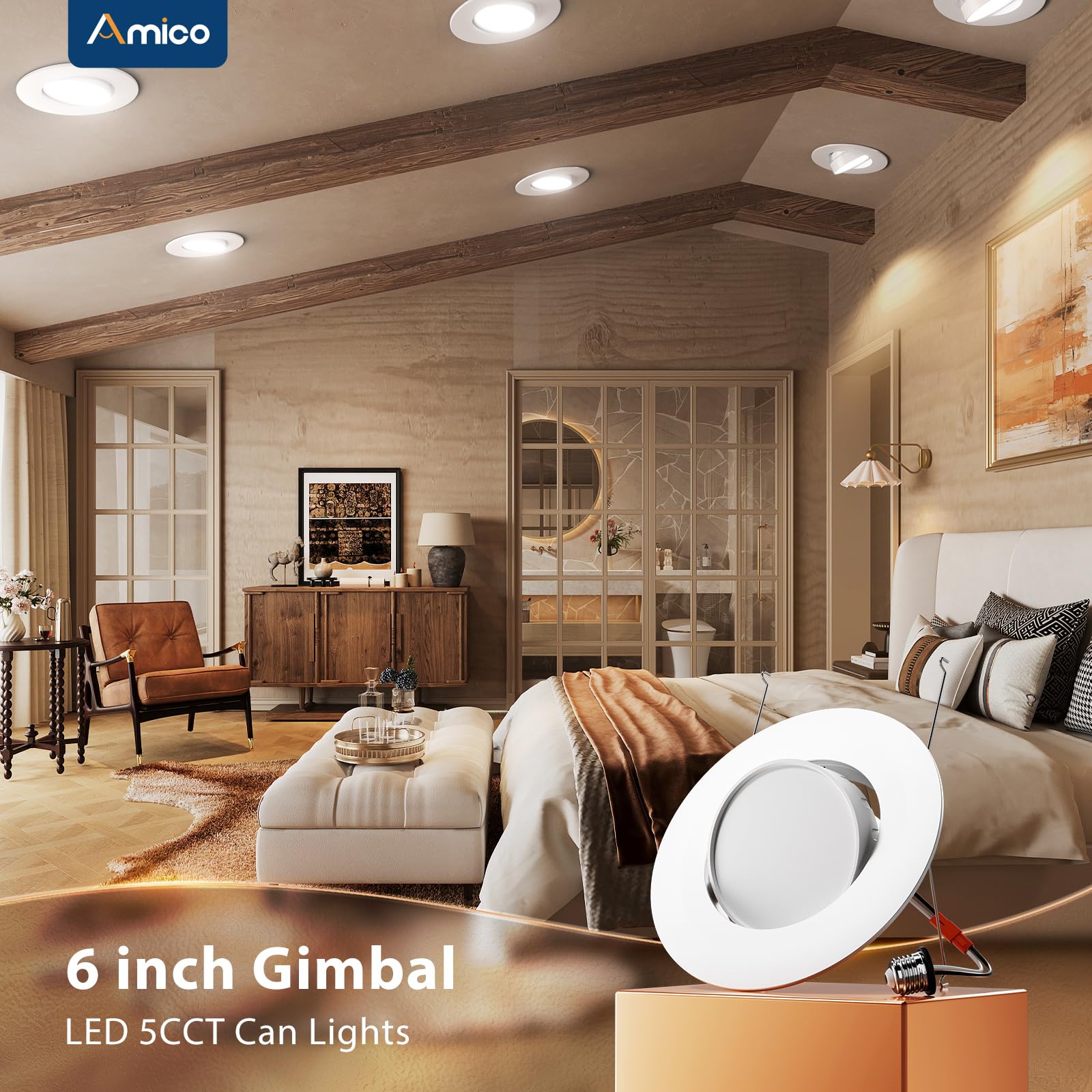 Amico 5/6 Inch Retrofit Eyeball Gimbal Can Lights, 6 Pack, 5CCT LED, 16W=150W, 1500 LM, Adjustable Ceiling Down