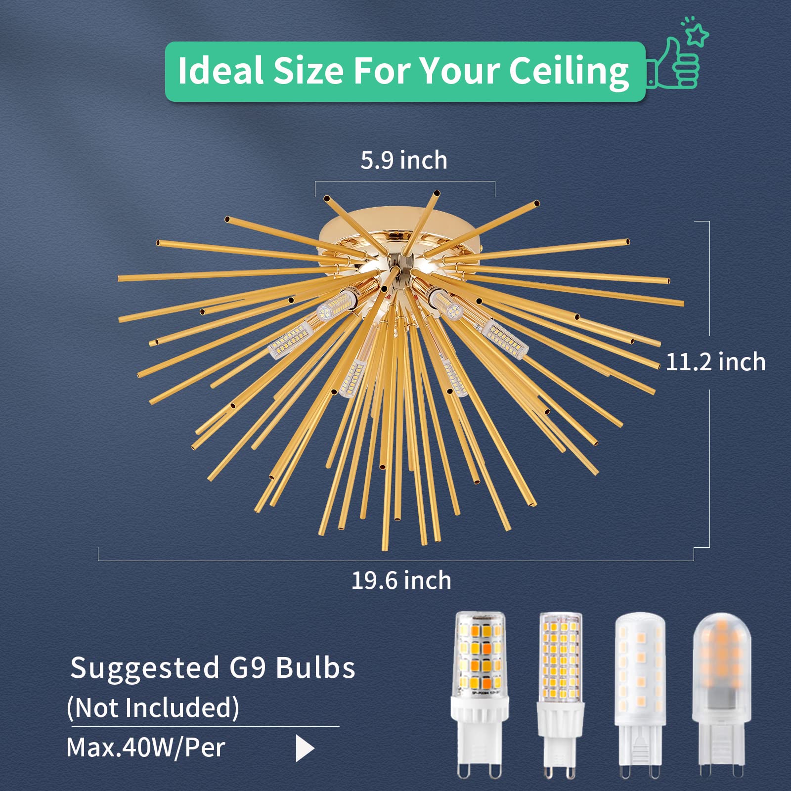 CM MZY Sputnik Flush Mount Ceiling Light, 6-Light Gold Modern Chandelier, 19.6" G9 Socket Fixture for Bedroom, Kitchen, Hallway