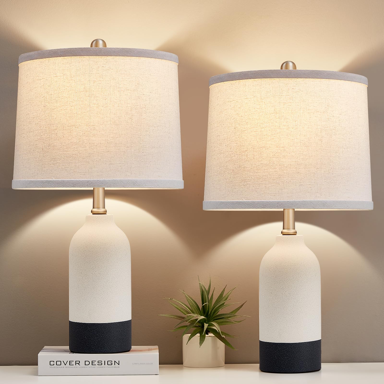 Luvkczc Modern Ceramic Lamps for Bedrooms Set of 2, 3-Color Temperature Table Lamp Bedside Nightstand Desk Reading Lamp with Fab