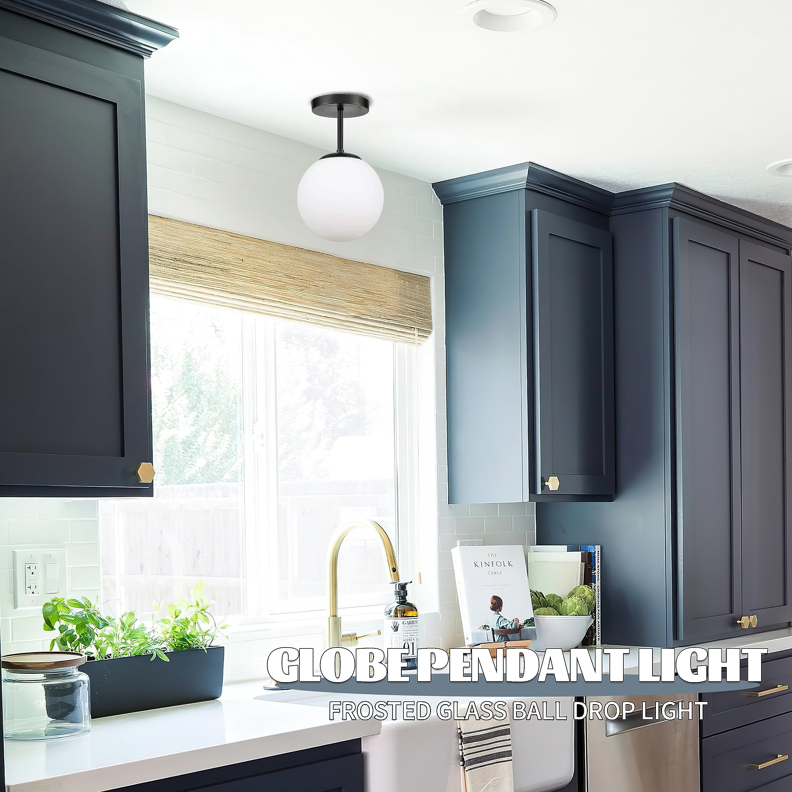 Koko&Yukina Mid Century Modern Frosted Glass Semi Flush Mount Light Fixture, Black Finish