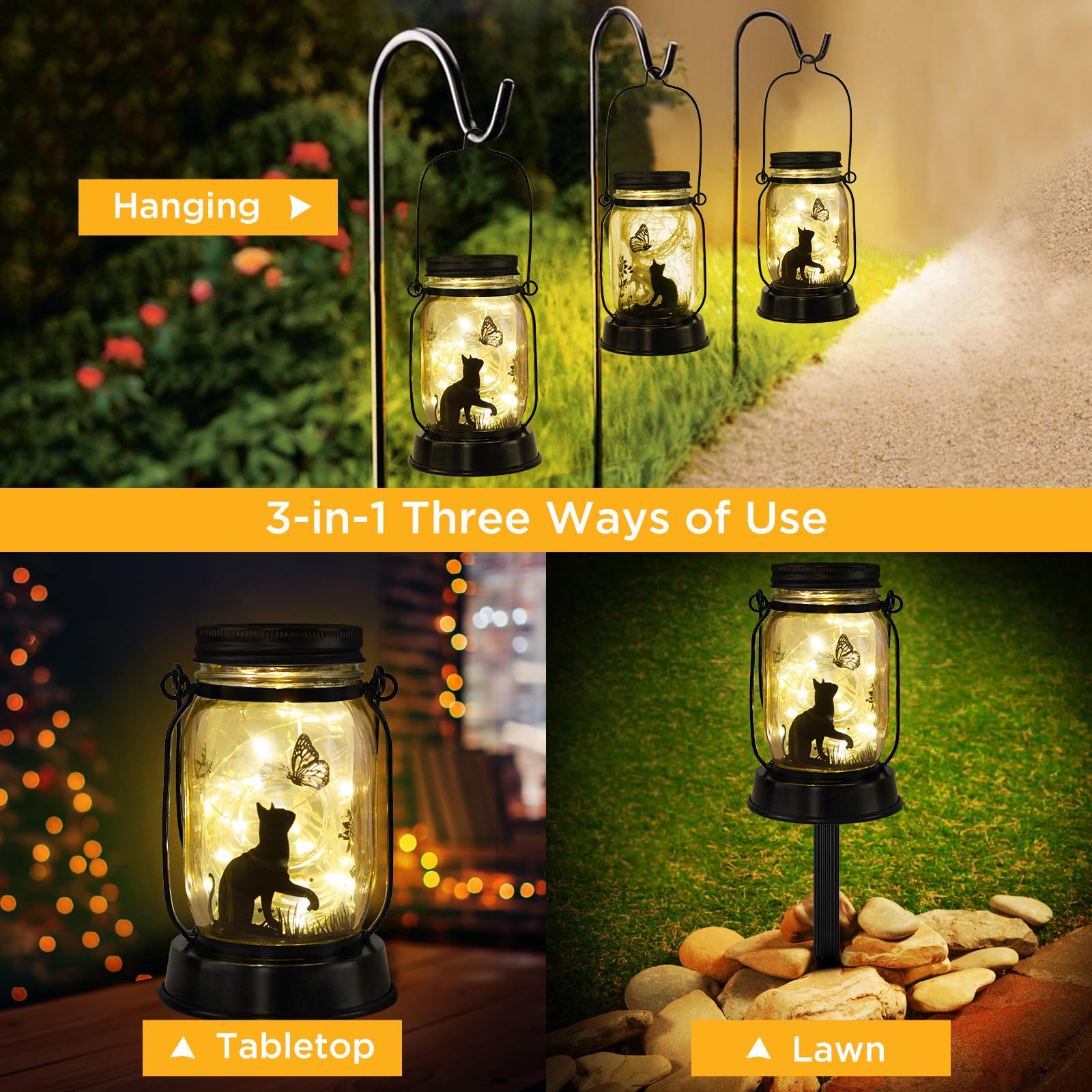 Kyoryuger Cat Butterfly Solar Light Lanterns - Waterproof Metal Hanging Decor for Garden, Halloween Skeleton Design