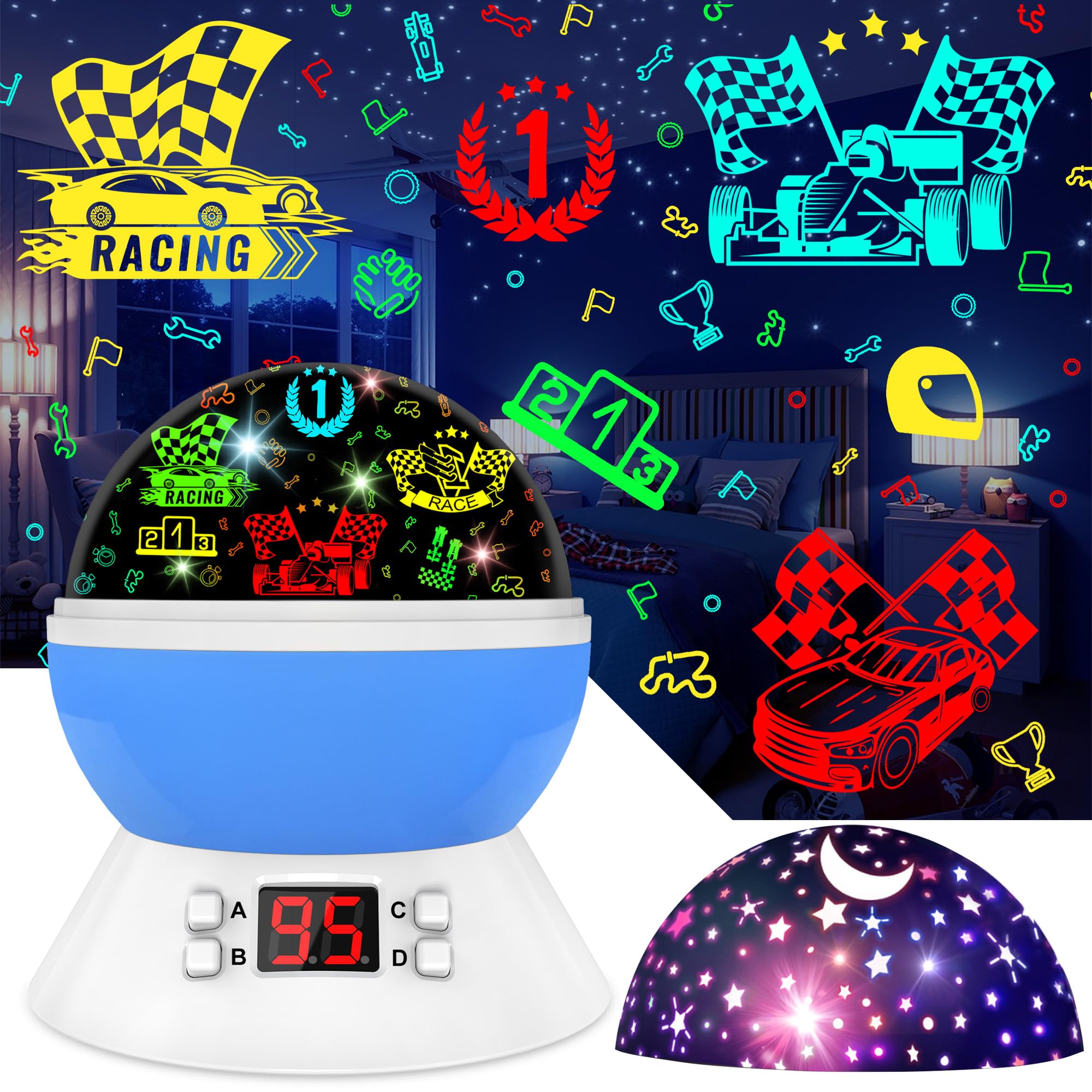 MOKOQI Cars Night Light for Boys - Rotating Projector Lamp with Race Car - Star Projector for Kids Age 3-8 - Ceiling Nightlight 