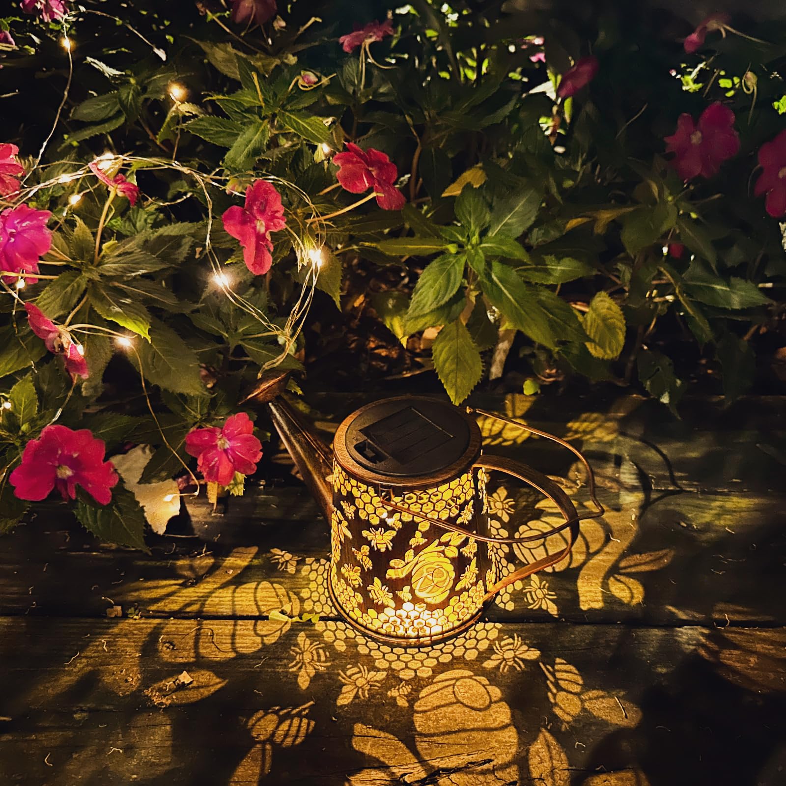 DIBIEECN Solar Watering Can Light, Bee Hanging Lantern, Waterproof, 32in Shepherd Hook, Metal, Garden Decor for Yard and Patio