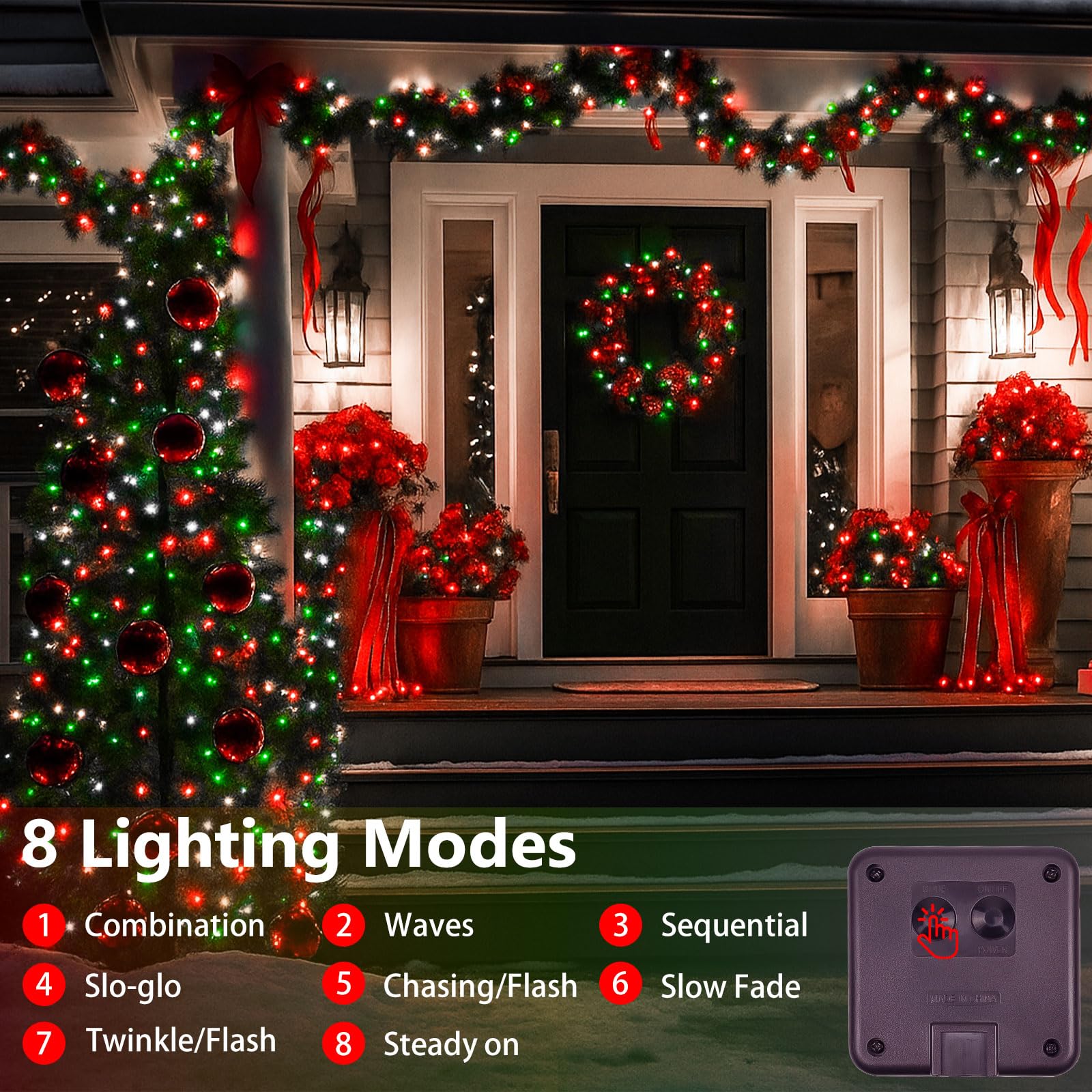 SANJICHA Solar String Lights, 144FT 400LED, Waterproof Copper Wire, 8 Modes, 2 Pack, Red White and Green, Model SYJSSL