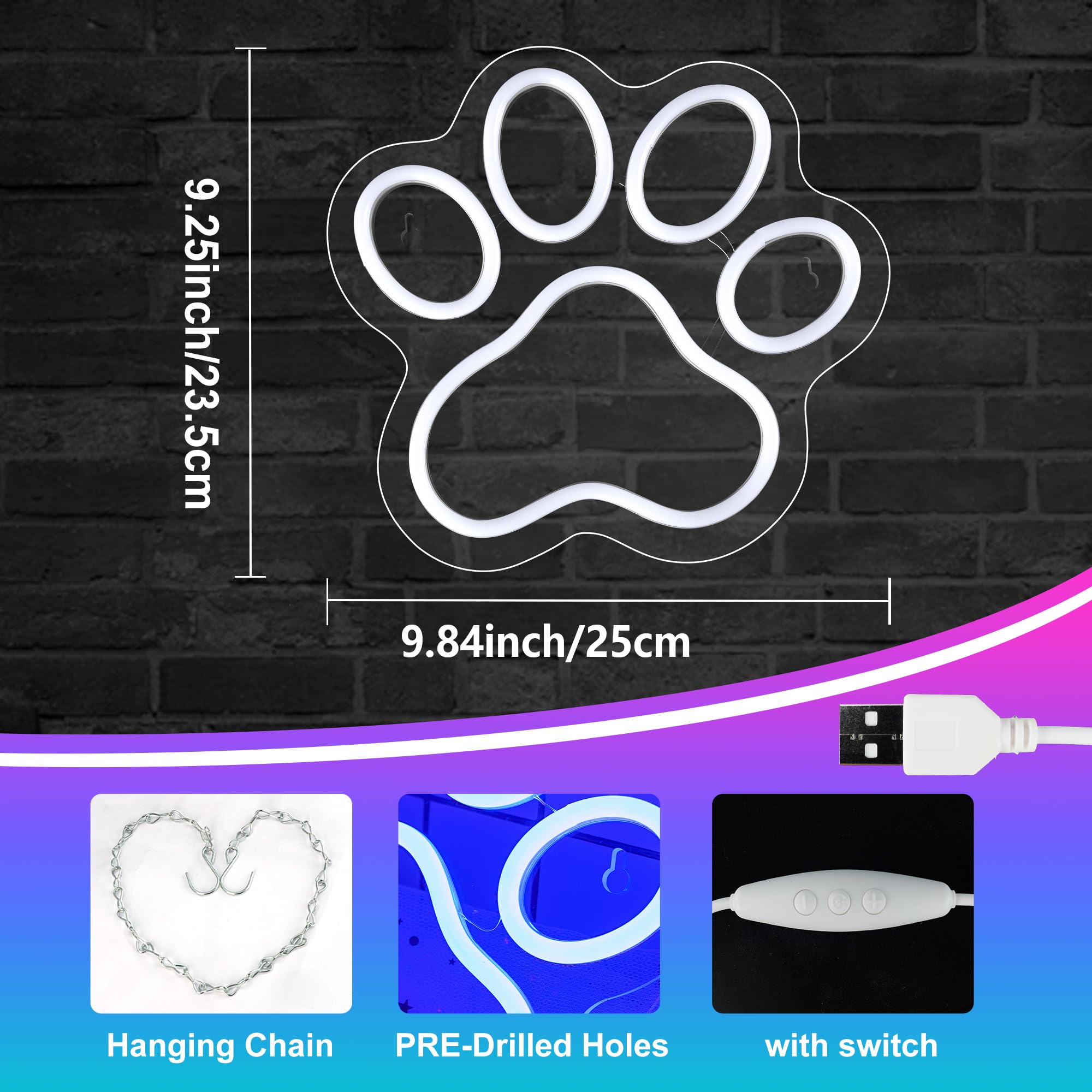 Aslanka Paw Neon Sign, Dimmable LED Light for Wall Decor, 9.84x9.25 inches, Blue