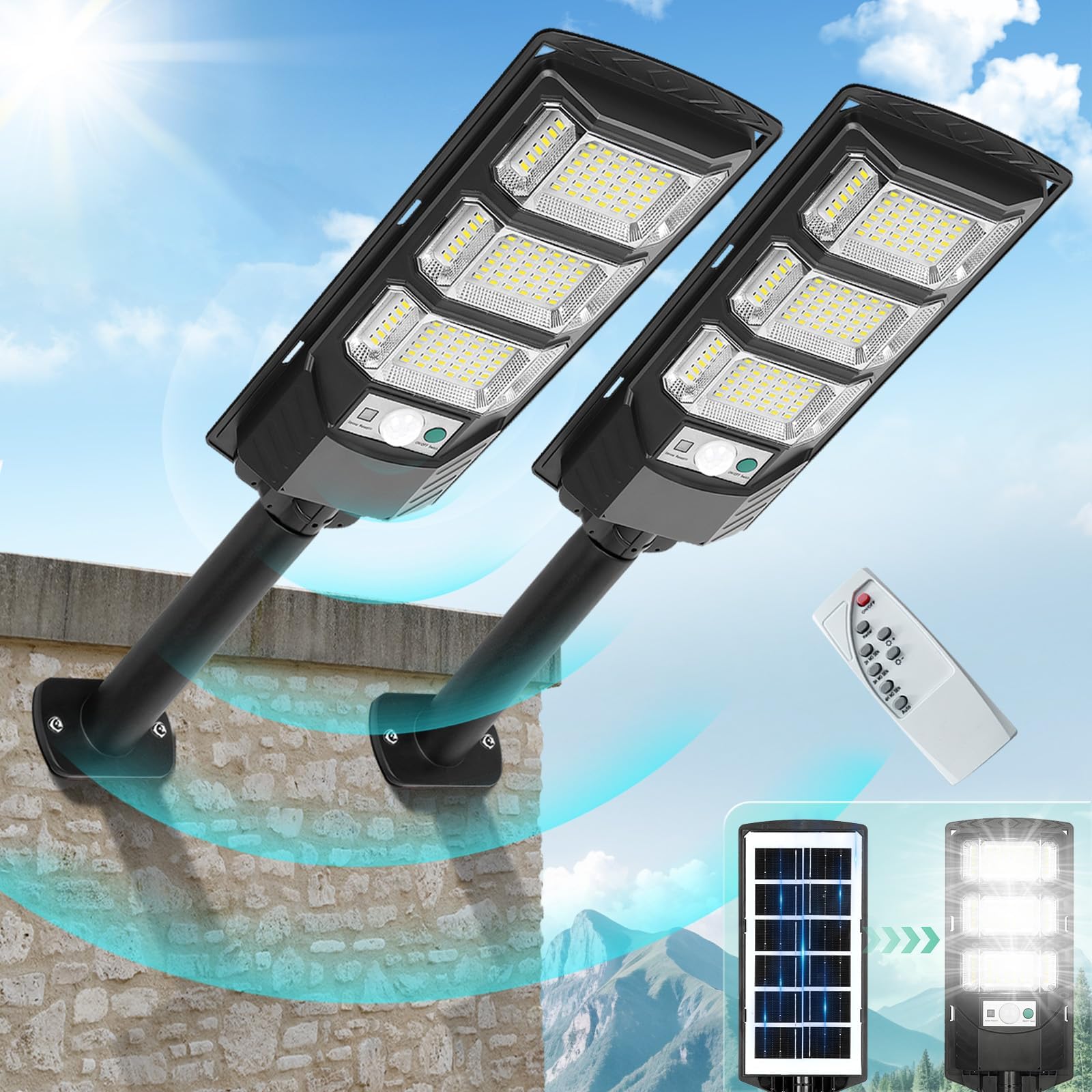 FOWSEEK Solar Outdoor Lights 2 Pack, 6500K Solar Street Lights Outdoor Waterproof with Motion Sensor, Solar Flood Security Light